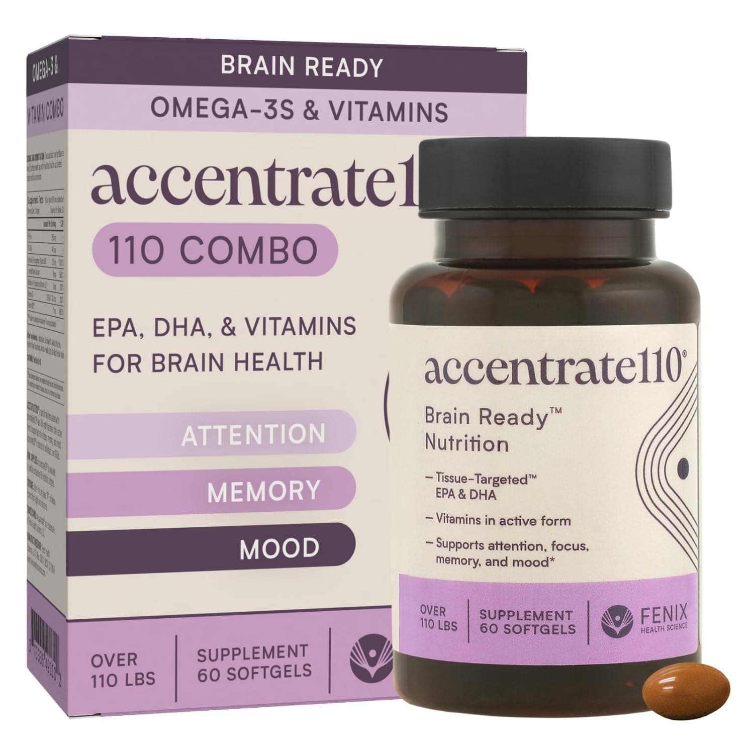 - Accentrate110 - Focus Supplement - Methylated Vitamin B Complex with Omega 3 Fatty Acid Supplement - L-Methylfolate, Vitamin B12, P-5-P, Riboflavin, VIT D, – 60 Softgels (1 Month Supply)