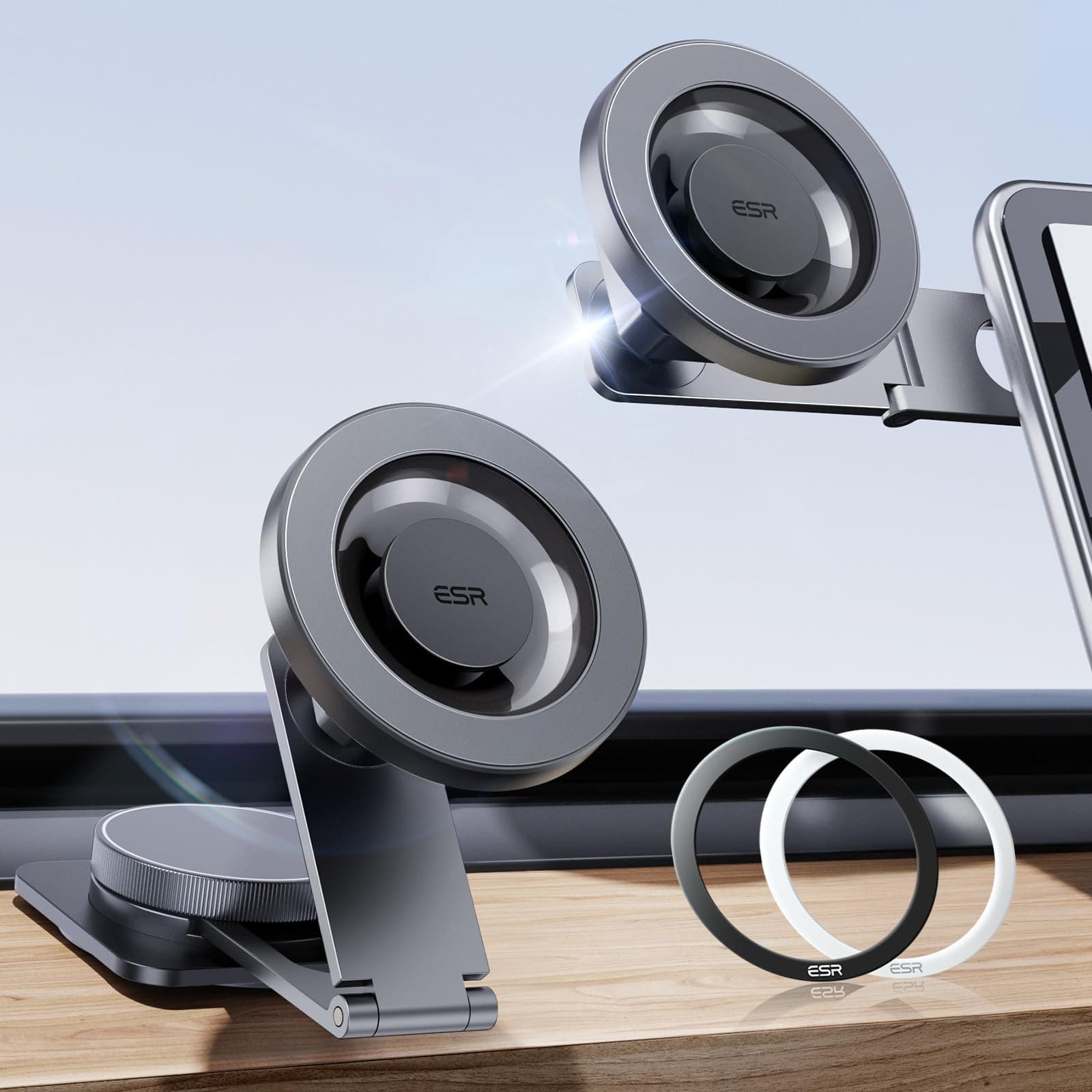 for MagSafe Car Mount, Car Phone Holder, Tesla Touchscreen Car Mount, Magnetic Phone Holder for Car, for iPhone 17e/Air/17-12, S26/S25, Pixel 10, Charging Not Supported(2 Metal Rings Included)