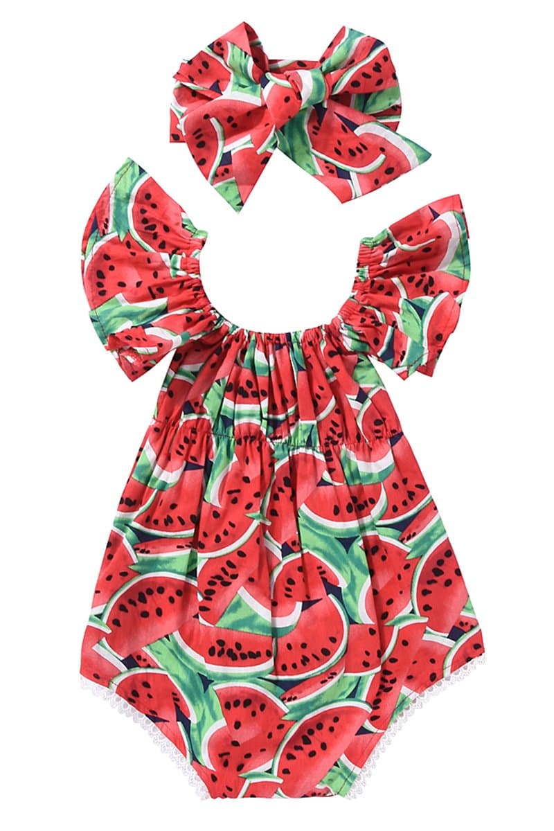 Newborn Baby Girls Watermelons Printed Ruffle Bodysuit with Headband