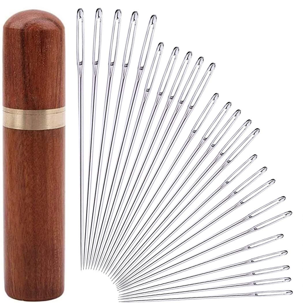 25Pieces Hand Sewing Big Eye Needles Sharp Needle,with Solid Wood Needle Case for