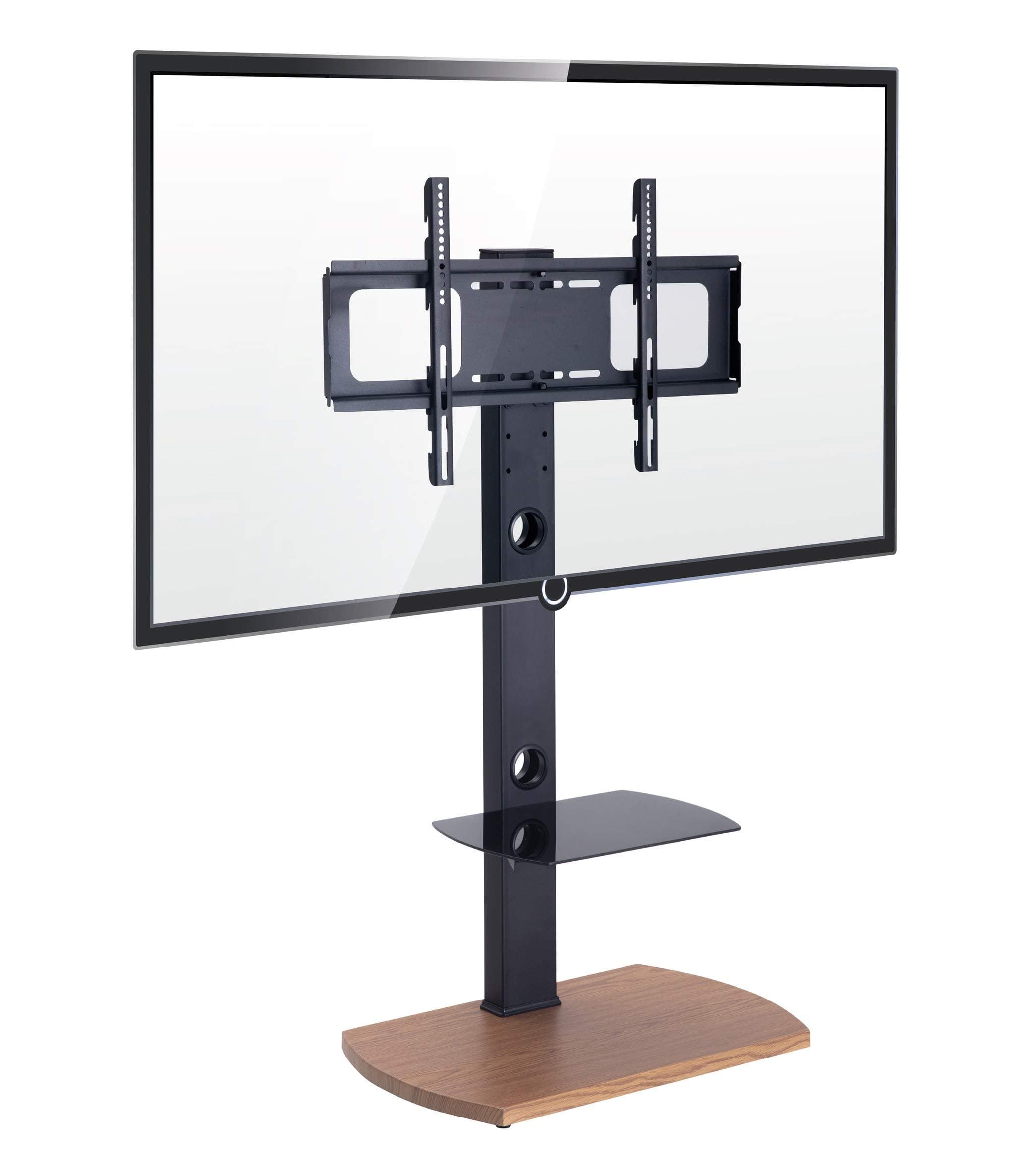 TtapOak Oak Floor TV Stand with Glass Shelf Swivel and Height Adjustable Bracket for 32-65 inch TVs