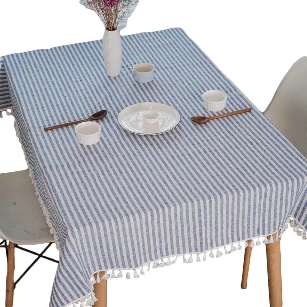 meioroTablecloths Striped Tassel Table Cloth Rectangular Tablecloth Cotton Linen Table Cover Suitable for Home Kitchen Decoration (Blue/White Stripes, 60×60cm)