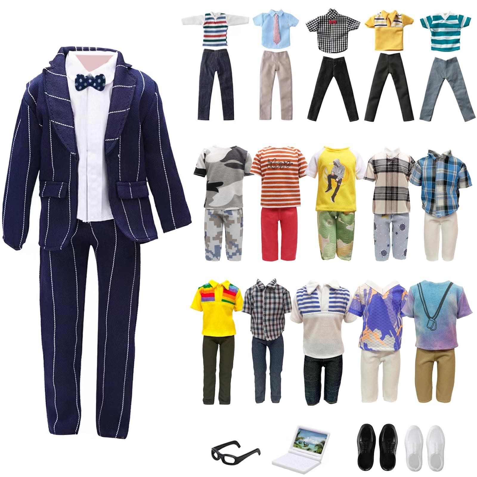 - 11.5 Inch Boy Doll Outfit - Suit, Shirt, 4 Tops, 4 Pants, Glasses, 2 Shoes & Computer
