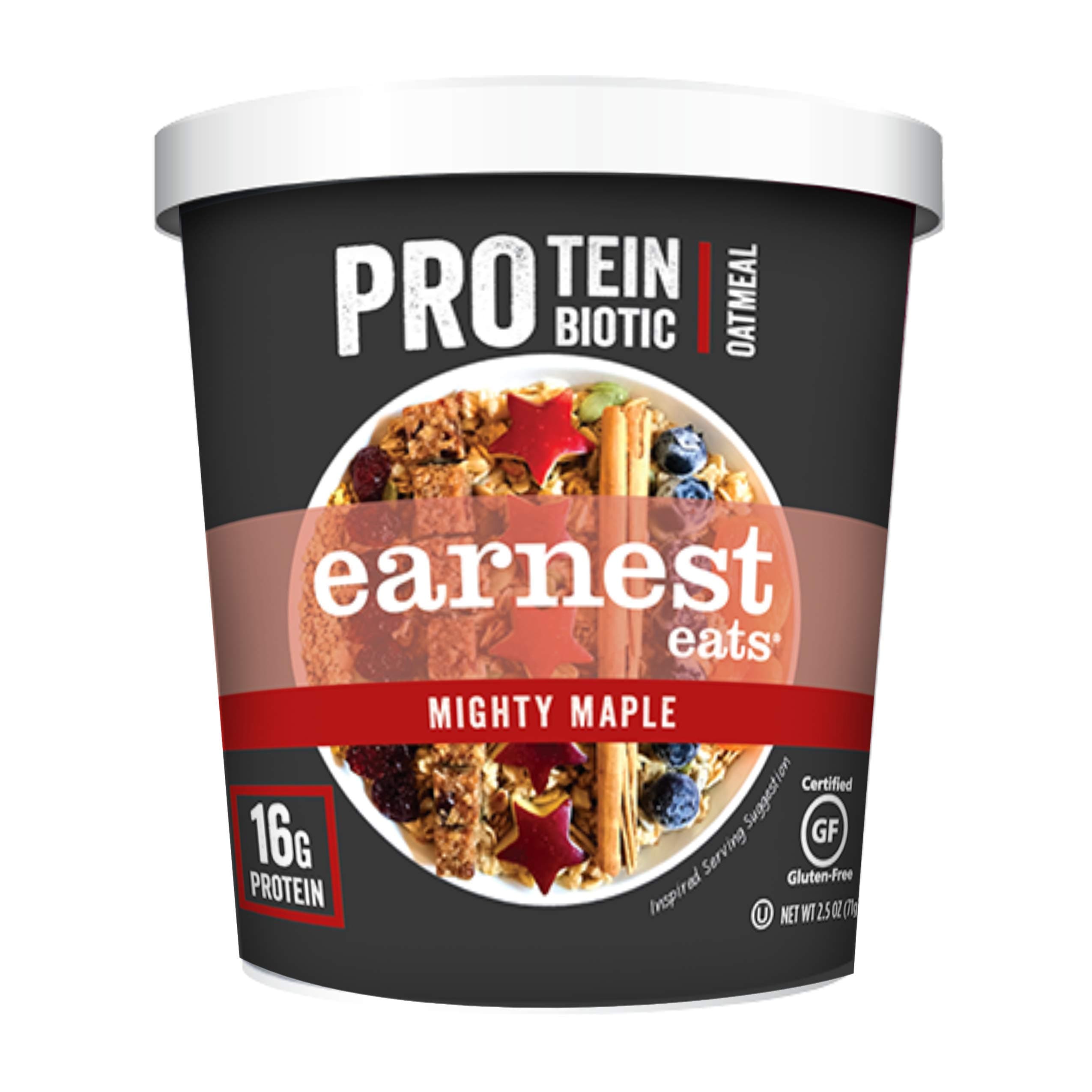 Earnest Eats PRO Protein + Probiotic Superfood Oatmeal Gluten Free 2.5oz Cup 12Pack 16g Protein per Serving, Mighty Maple, 30 Ounce