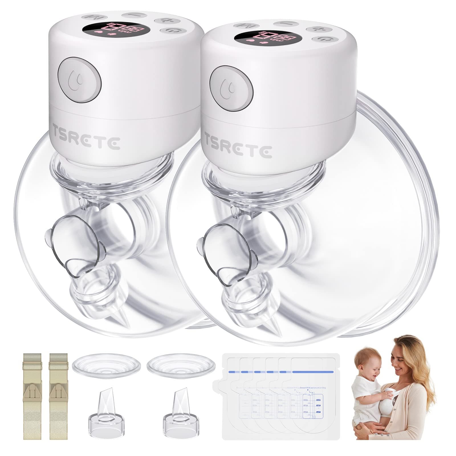 TSRETE Breast Pump, Double Wearable Breast Pump, Electric Hands-Free Breast Pumps with 2 Modes, 9 Levels, LCD Display, Memory Function Rechargeable Double Milk Extractor-27mm Flange, White
