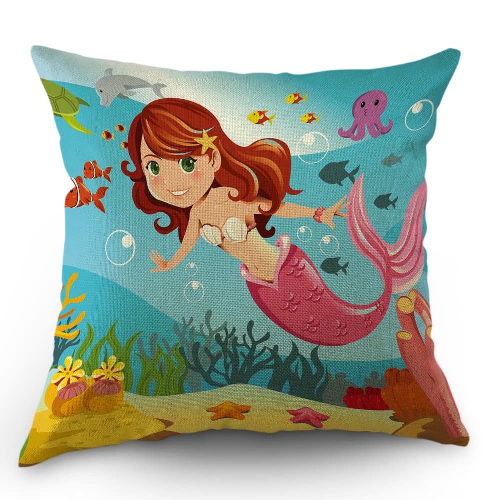 Moslion Mermaid Throw Pillow Cover Decor Underwater Ocean with Fish Dolphin Octopus and Sea Turtle Pillow Case 18" x 18" Inch Cotton Linen Cushion for Men Women Blue Pink Yellow