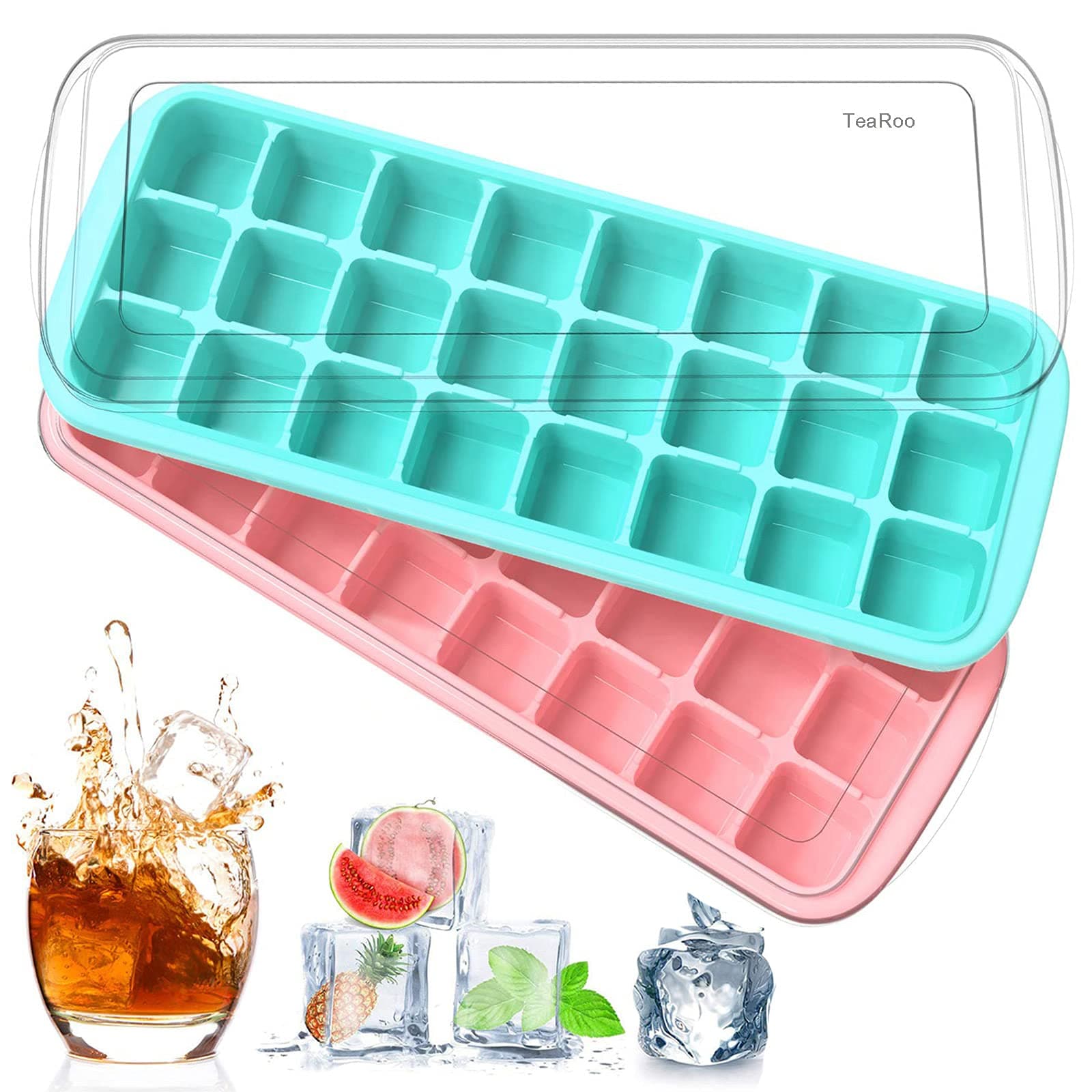 TeaRoo Ice Cube Trays with Lids, 24 Ice Cube Molds for Whiskey, Cocktails, Pink & Blue Silicone Ice Cube molds, Flexible and Easy Release - BPA Free, Stackable Durable, Dishwasher Safe