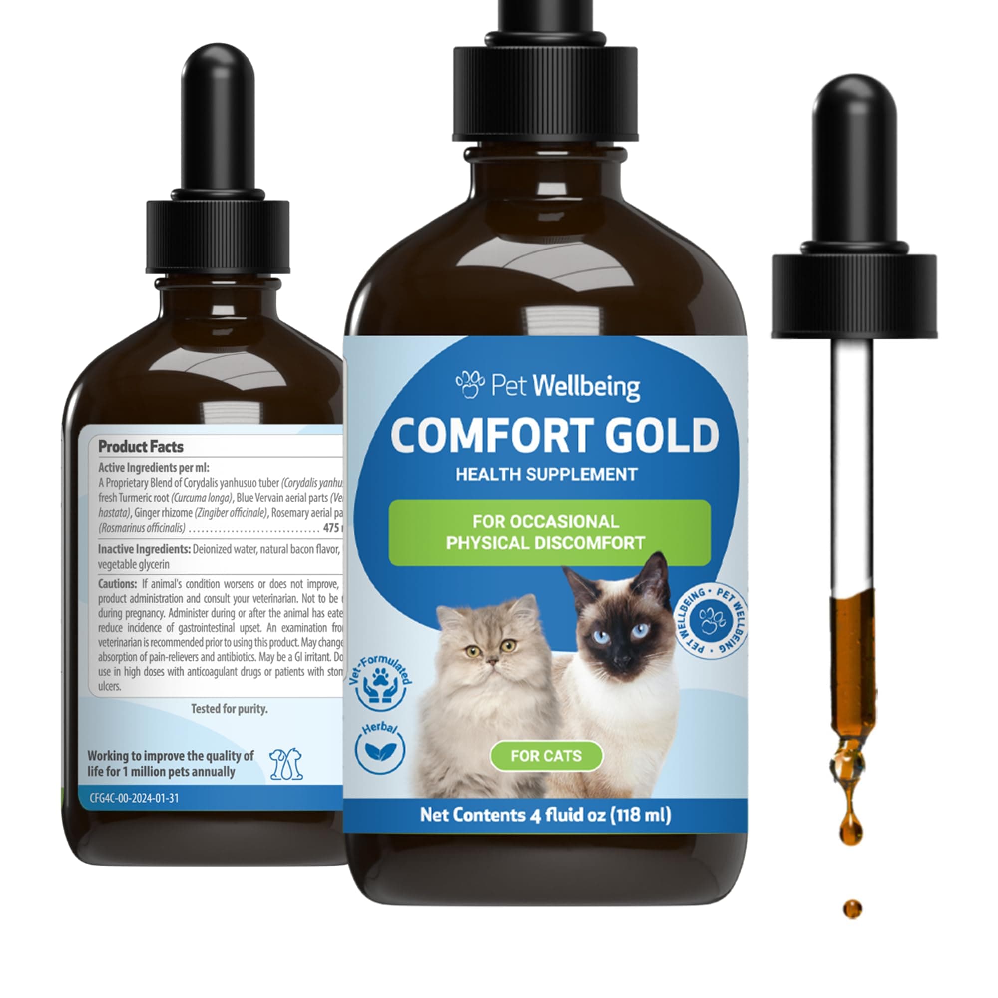 Pet Wellbeing Comfort Gold for Cats - Supports Feline Physical Comfort, Healthy Circulation, Corydalis, Turmeric - Veterinarian-Formulated Herbal Supplement 4 fl oz (118 ml)