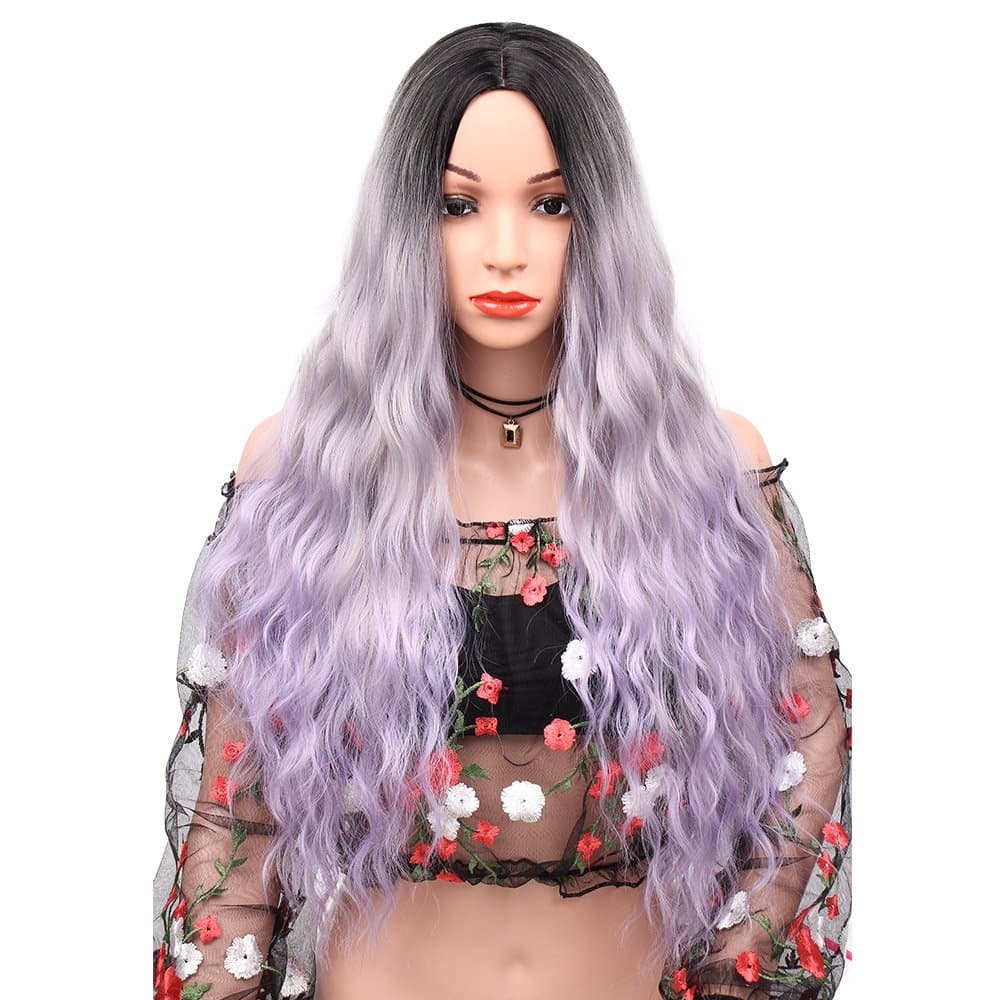 Long Ombre Wavy Synthetic Wig for Women Purple Lavender Ombre Wig Deep Wave Dark Root Silver Three Tones Wigs Middle Part Full Hair Heat Resistant Fiber with Free Wig Cap