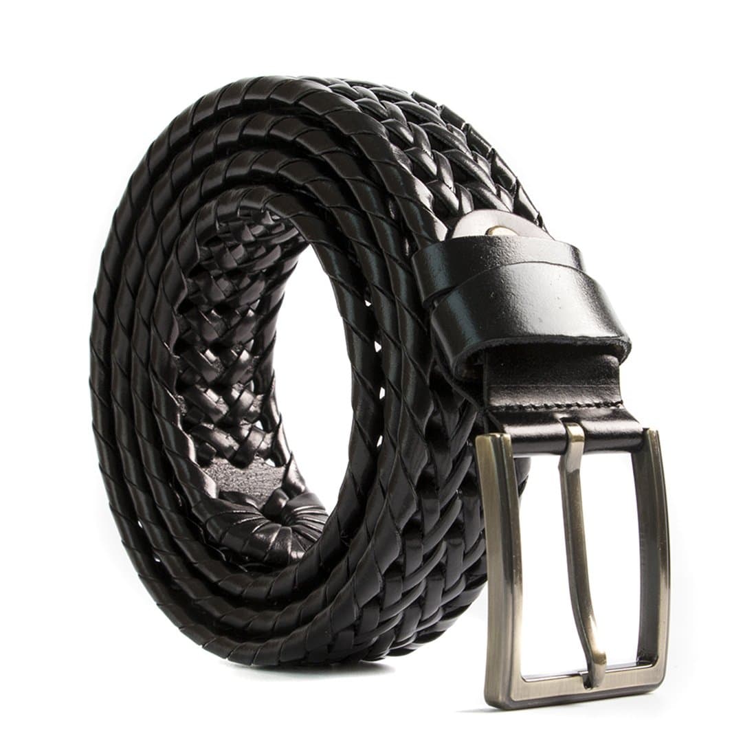 ECHAIN Men Braided Woven Genuine Leather Belt (Waist:28-30, black 2)