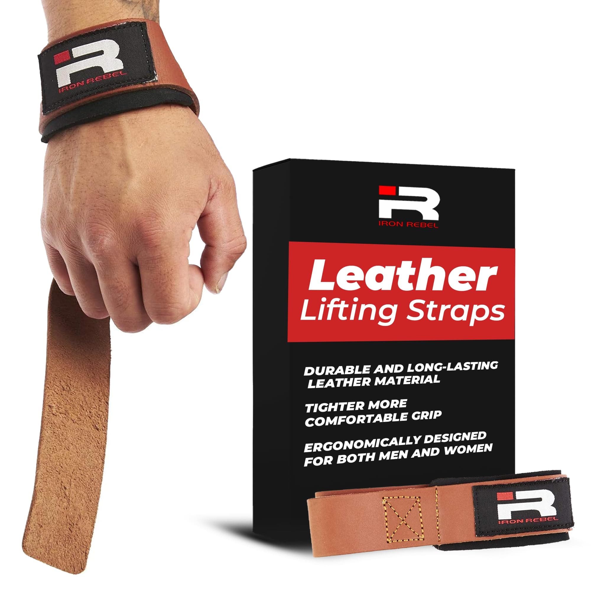 Iron Rebel Leather HD Lifting Straps Ultimate Wrist Support Strap with Breathable Material for Workout, Powerlifting, Bodybuilding or Training - for Men and Women, Black and Brown (Pair)