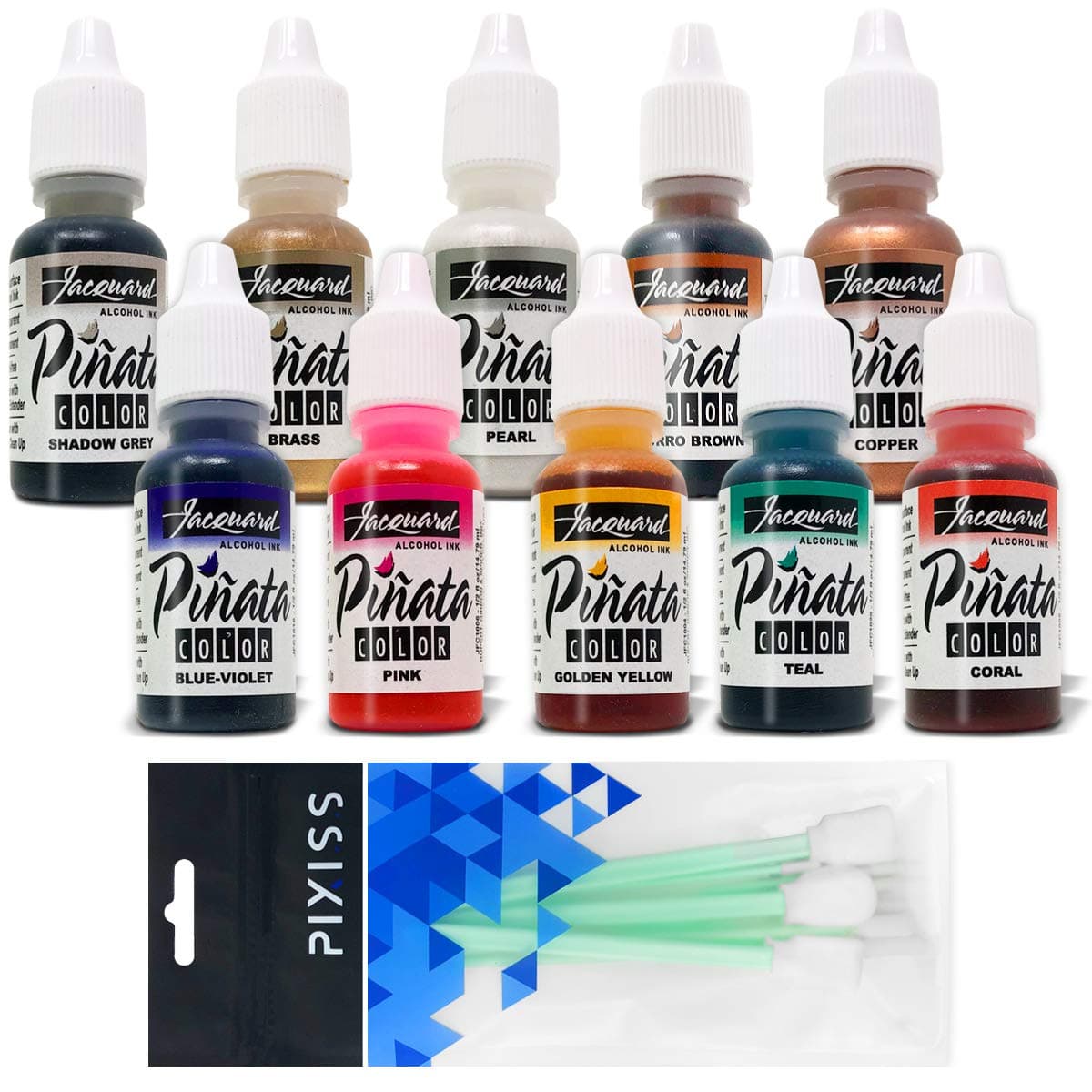 Jacquard Pinata 10 Color Bundle Alcohol Ink New 2019 Colors Golden Yellow, Pink, Coral, Blue Violet, Teal, Copper, Brass, Pearl, Shadow Grey, Burro Brown, with 10X Pixiss Blending Tools