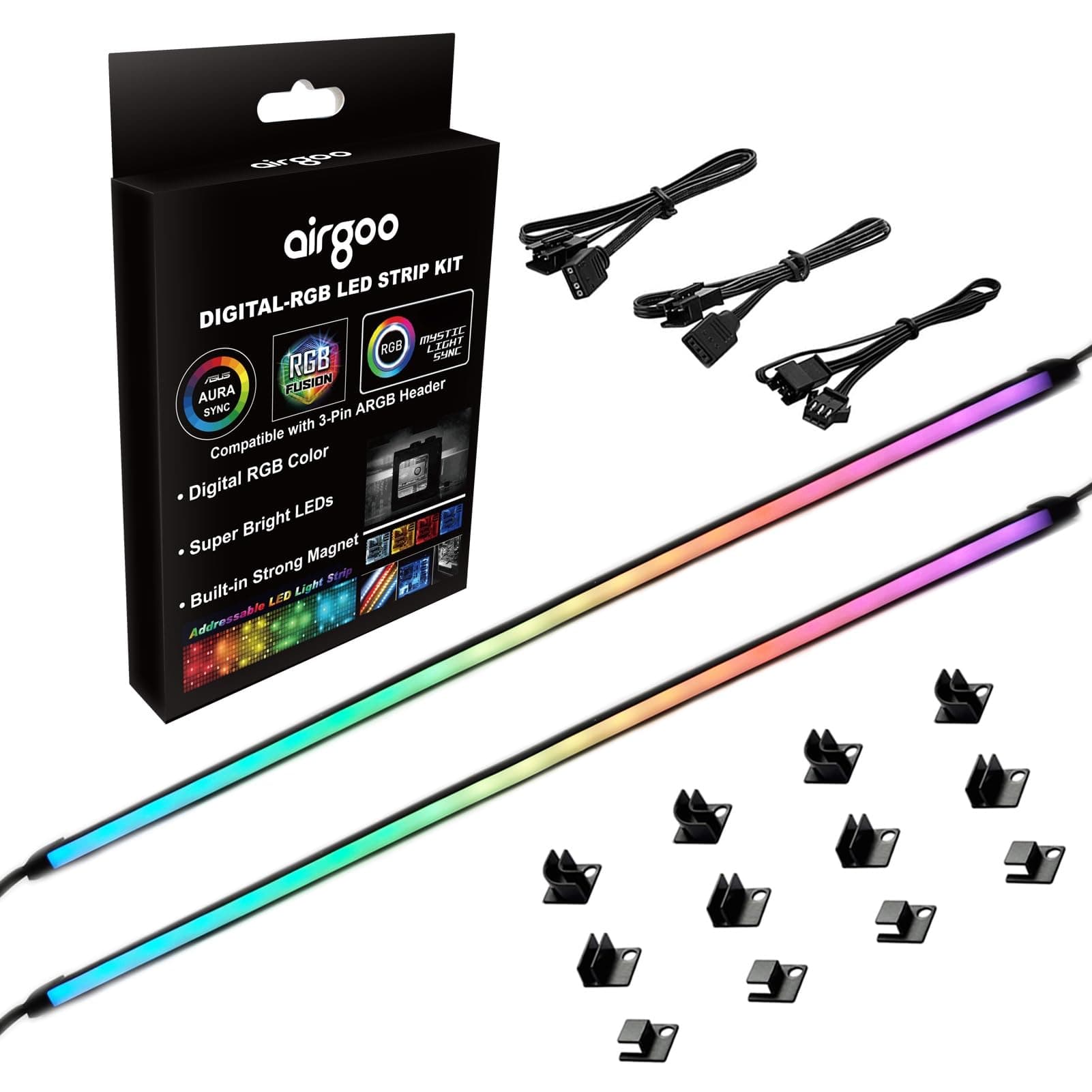 Airgoo NEON Addressable RGB PC LED Strip, 42 LEDs 2x15.7inch Silicone Rubber Diffused Rainbow Magnetic ARGB Strip for Motherboards 5V 3Pin ARGB Header, Easy to Install with 12 pcs Magnetic Brackets