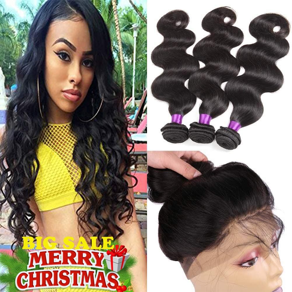 Indian Virgin Hair 360 Lace Frontal with Bundles Body Wave 8A Indian Virgin Hair Body Wave Hair Bundles with 360 Frontal Closure Body Wave (22 24 26 +20 360frontal, Natural Color)