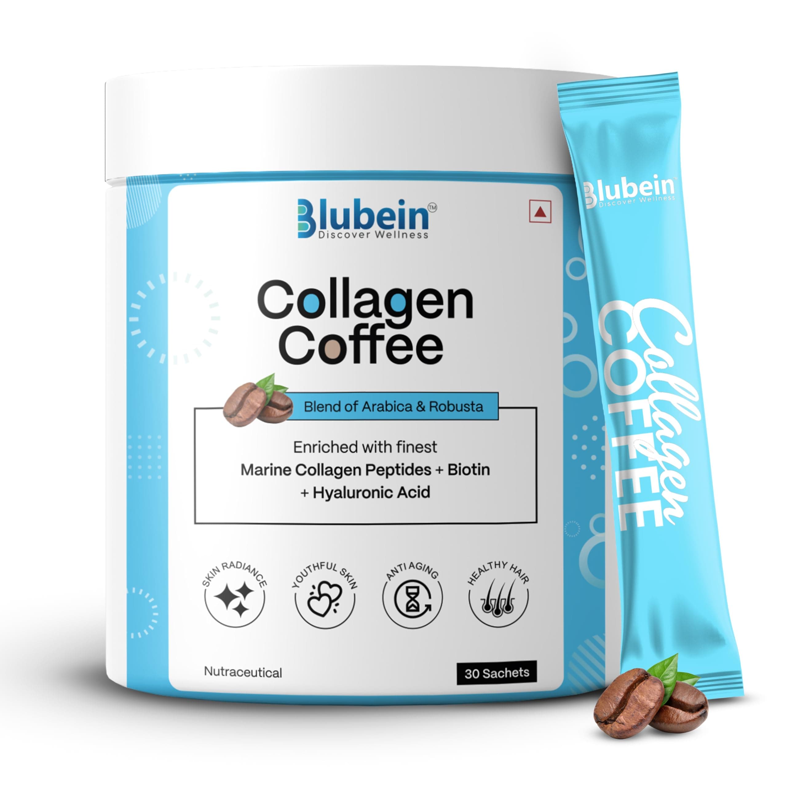 Blubein Real Collagen Coffee for Men & Women | Premium blend of Arabica & Robust with Marine Collagen, Biotin, Vitamin-C, Hyaluronic Acid | Glowing Skin, Strong Hair & Nails | Makes 30Cups