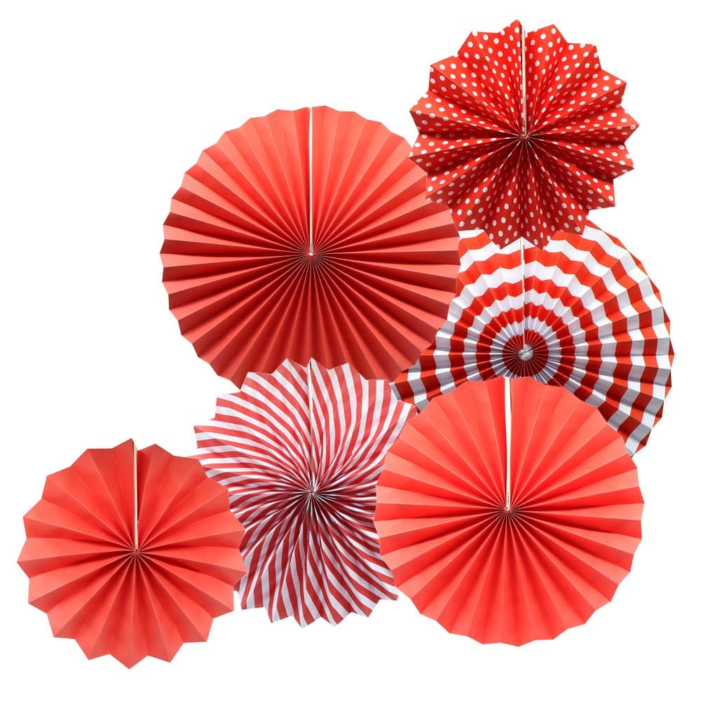 Party Hanging Paper Fans Set, Red Round Pattern Paper Garlands Decoration for Birthday Wedding Graduation Events Accessories, Set of 6
