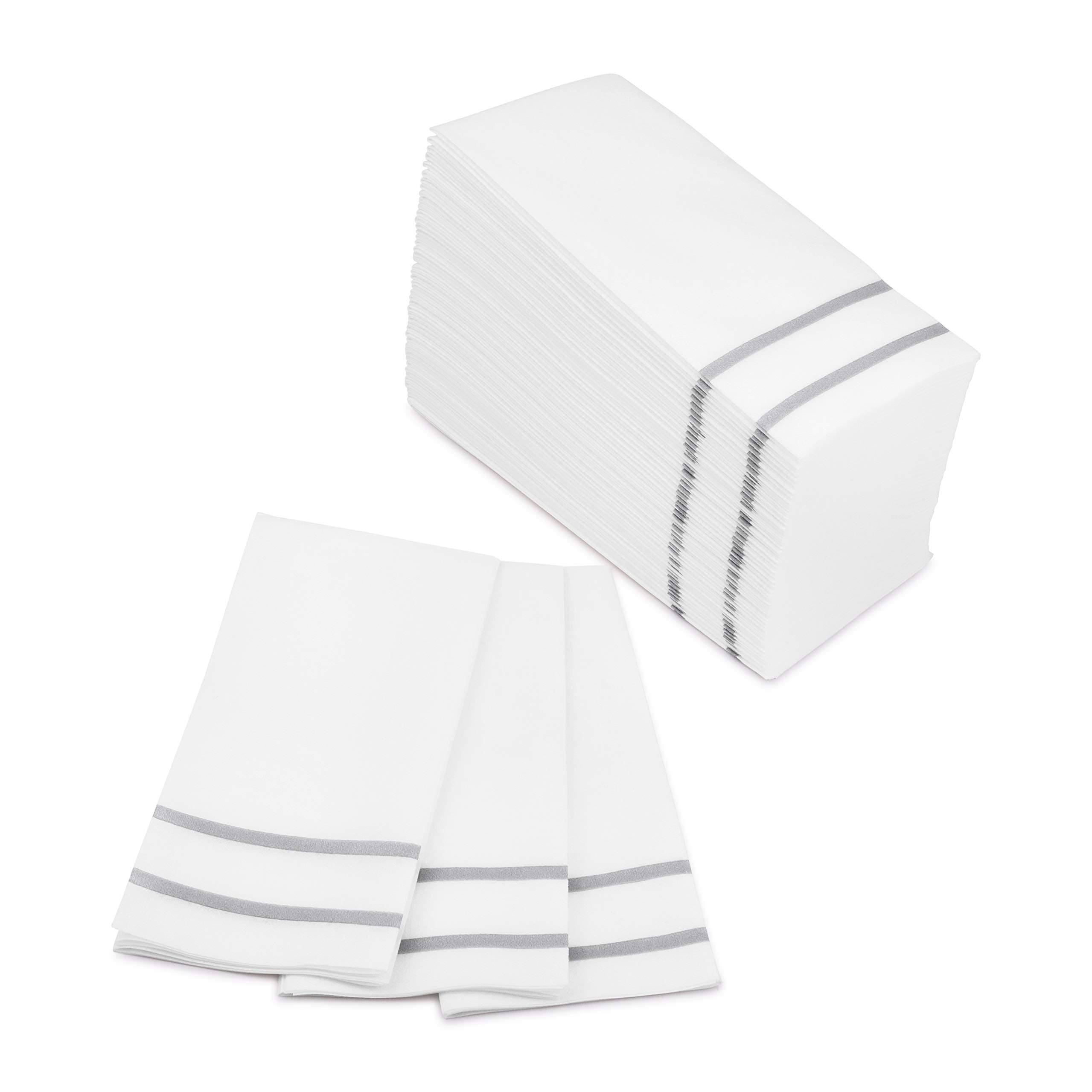 Fete Disposable Hand Towels for Bathroom, Silver Design 100 Linen-Feel Guest Towels – Formal Dinner, Anniversary, and Wedding Napkins for Tables, Guestrooms, and Restrooms - 8.5x 4-Inches Folded,