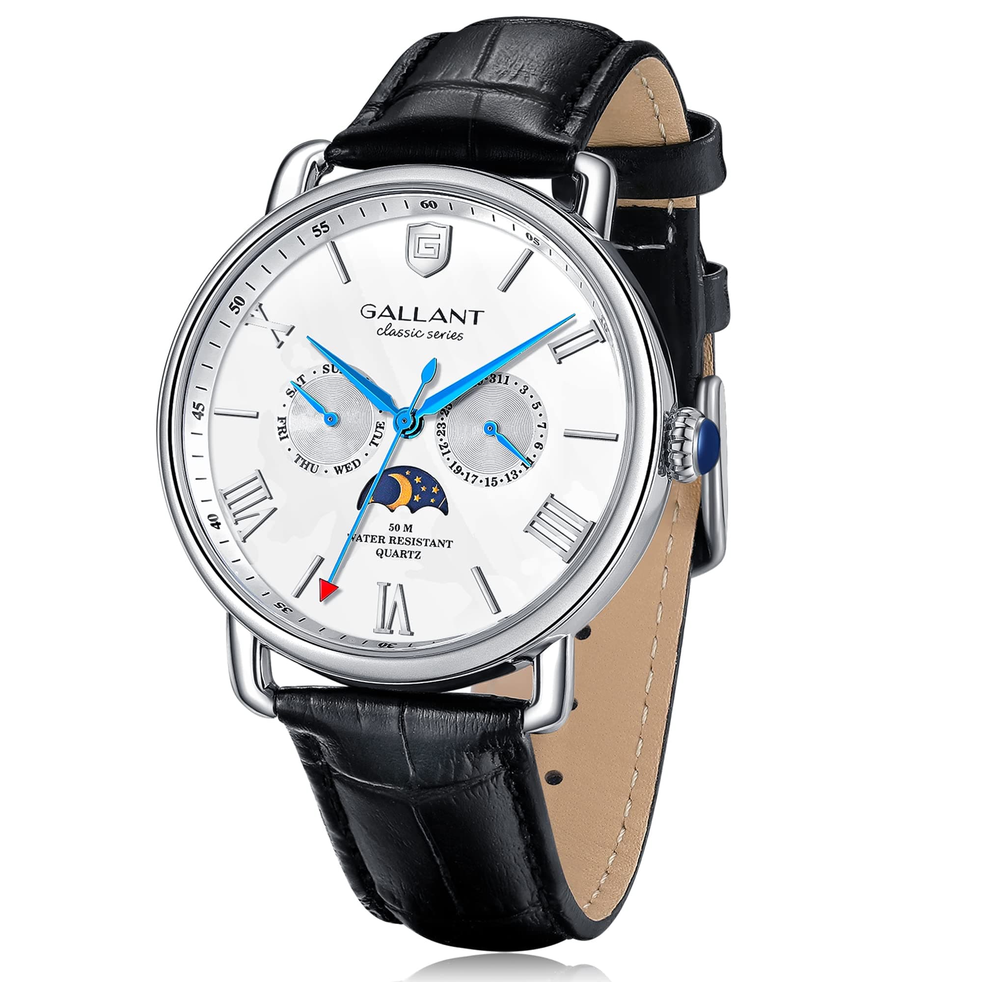 Men's Watch, Mens Dress Watch Quartz Watch Moon Phrase Day Date Calendar Leather Strap 5ATM Waterproof Wrist Watch for Men Luxury Classic Casual Business Gift