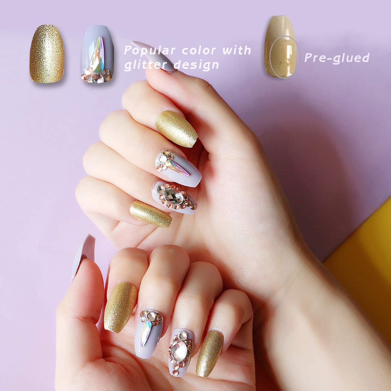 Coffin False Nails 3D Diamond Press On Glitter Fake Nail Tip for Ladies