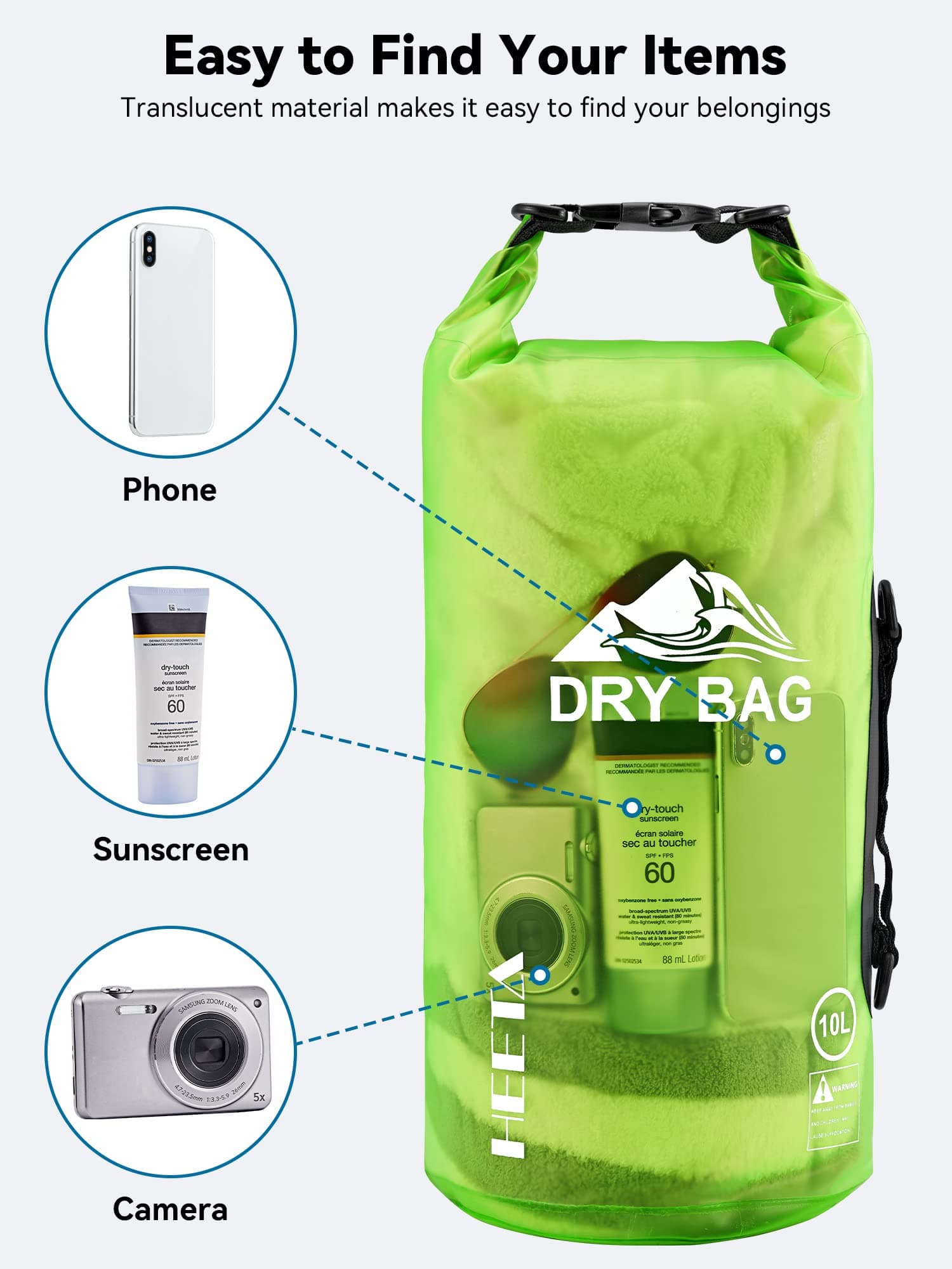 HEETA Waterproof Dry Bag for Women Men 5L/10L/20L/30L/40L Roll Top Lightweight Dry Storage Bag Backpack with Phone Case for Travel Swimming Boating Kayak Camping Beach (Lemon Green 10L)