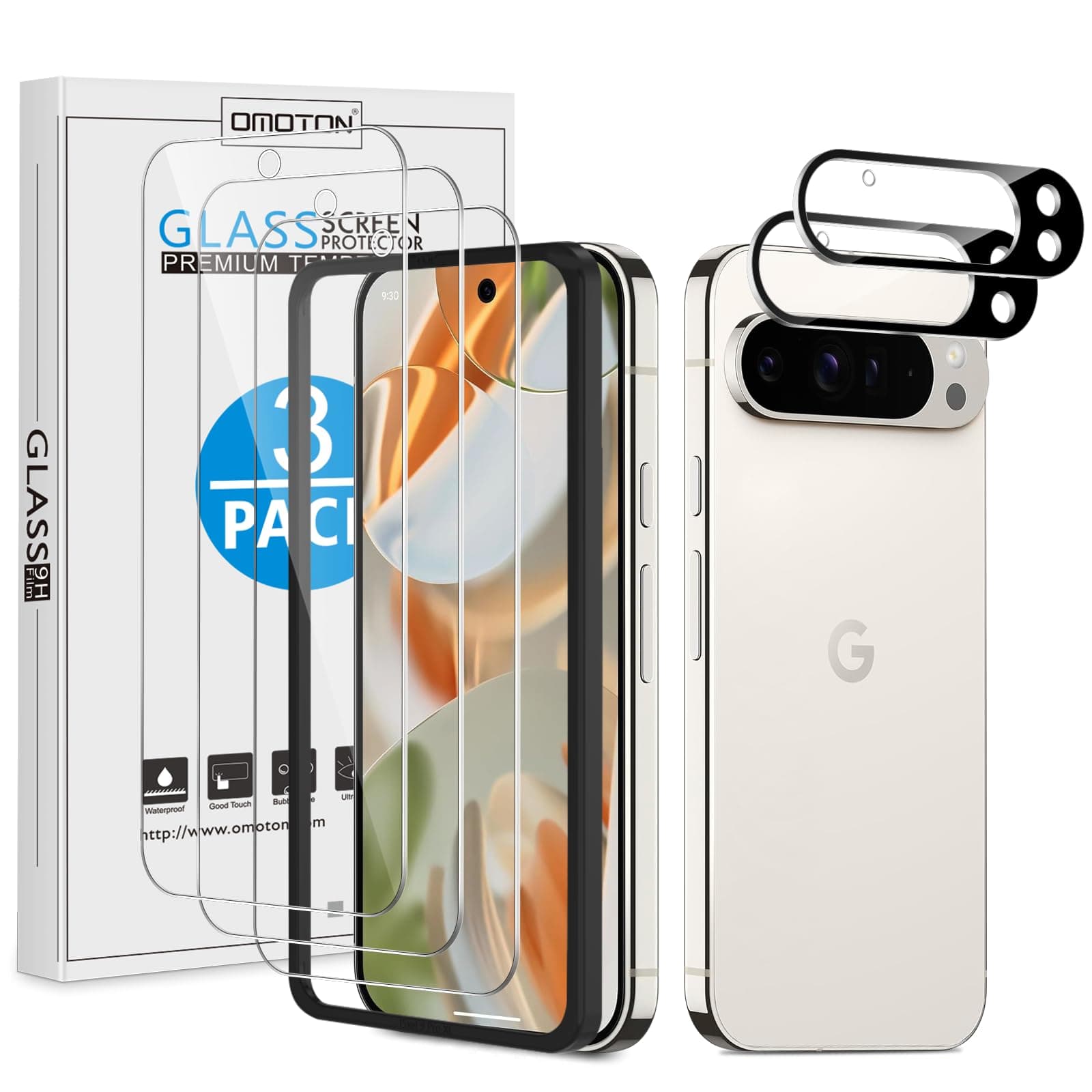 OMOTON 3+2 Pack Screen Protector for Google Pixel 9 Pro, 3 Pack Tempered Glass Screen Protector & 2 Pack Camera Lens Protector for Pixel 9 Pro, Case Friendly/9H Hardness