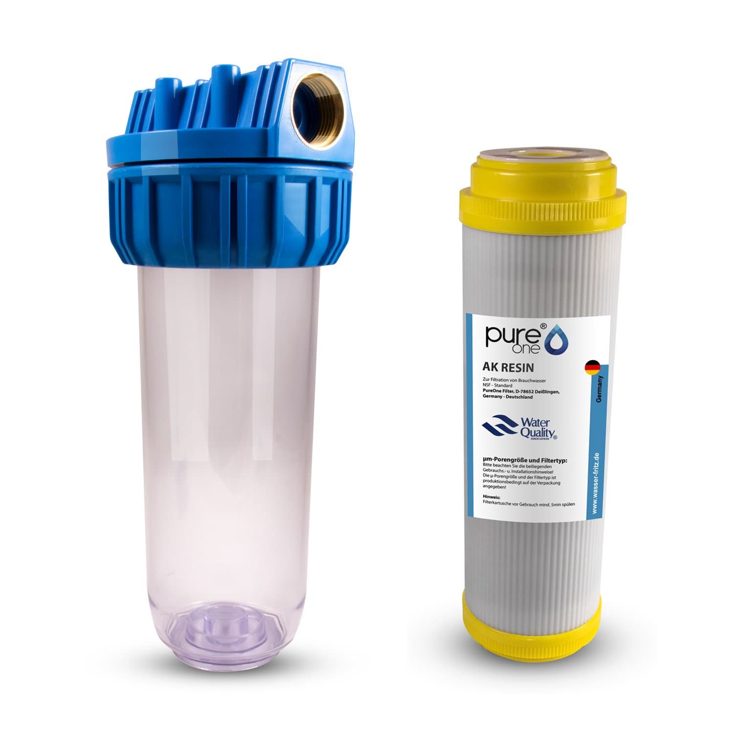 PureOne AKS1 Descaling Set. 1 step filter system. Water softening and de-calcification. Filter Housing Anti-Limescale Resin Filter Cartridge. For Rain Water Well Water Butt. 10 inches.