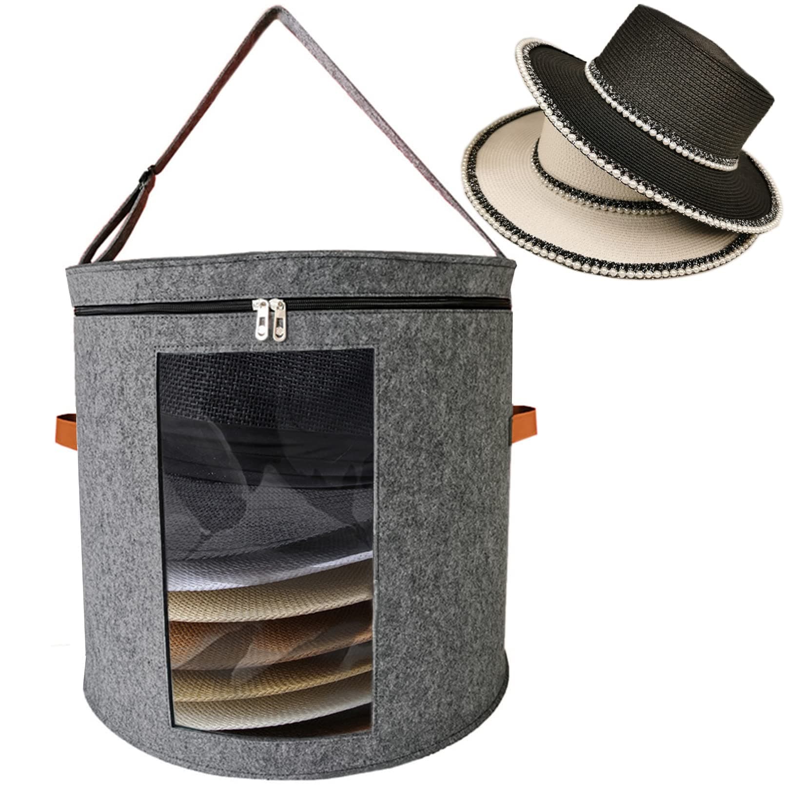 Hat Storage Box 19" D x 17" H Portable Felt Organizer Bucket Foldable Large Capacity Bag Round Travel Hat Container with Dust Proof Lid, Stuffed Animal Toys and Clothes Storage Bin (Grey)