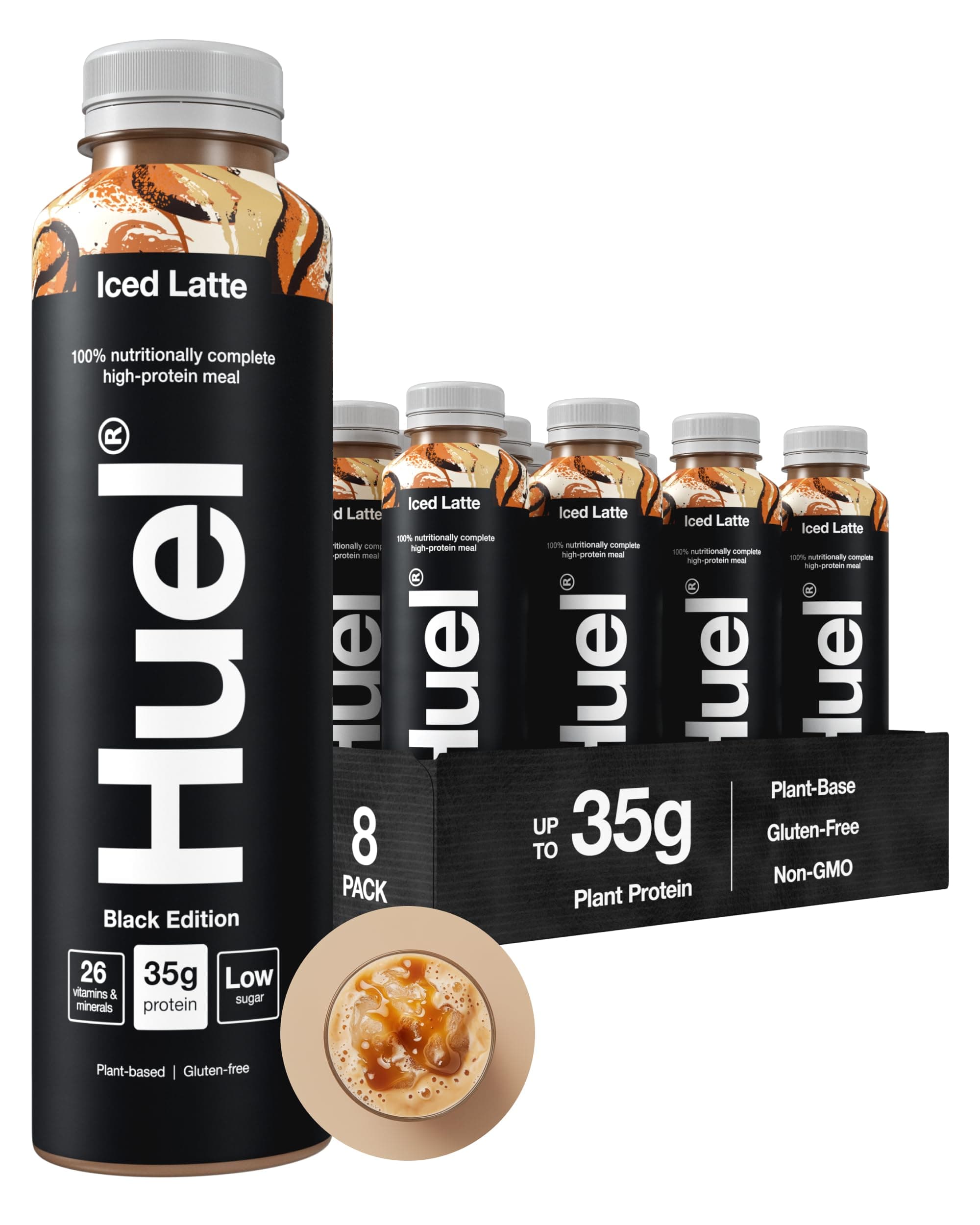 Huel ブラックエディション すぐに飲める | 35g 植物由来プロテイン | 完全な栄養 | 食事の代替品以上のもの | グルテンフリー | 500mlボトル8本(8x500ml、アイスラテ)