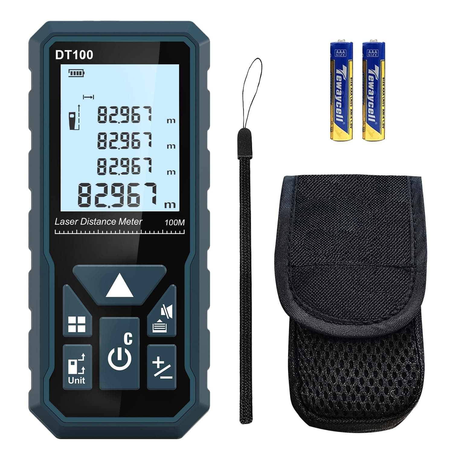 HANMATEK Laser Measure 328 Feet Digital Laser Tape Measure M/in/Ft Unit Switching Backlit LCD and Pythagorean Mode, Measure Distance, Area and Volume - Hand Strap and Battery Included DT100