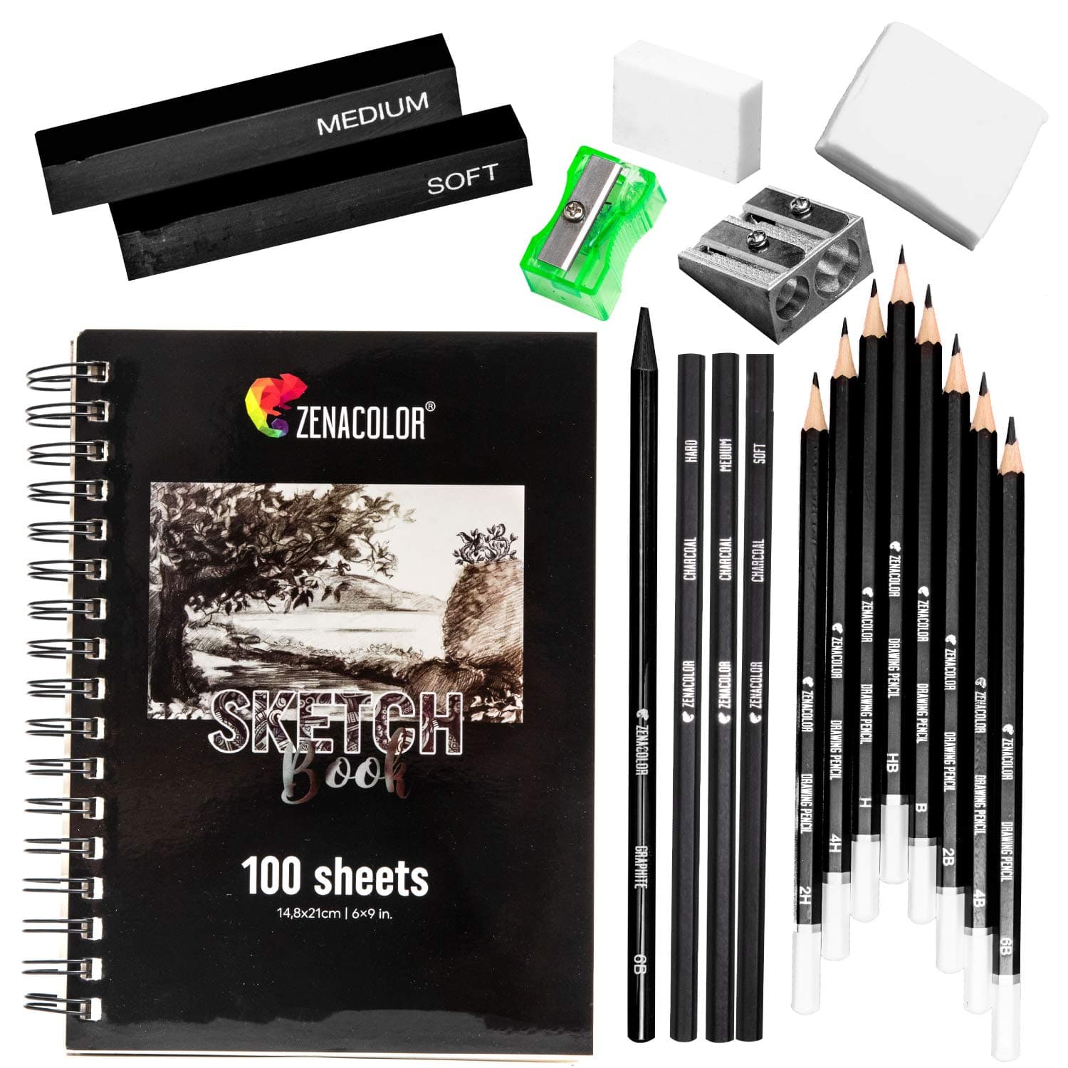 Zenacolor Complete Sketchbook Kit with Sketch Book A5 and Pencils - 8 Drawing Pencils, 3 Charcoal Pencils, 1 Graphite Pencil, 2 Charcoal Sticks, 100 Page Sketch Pad for Beginners or Professional
