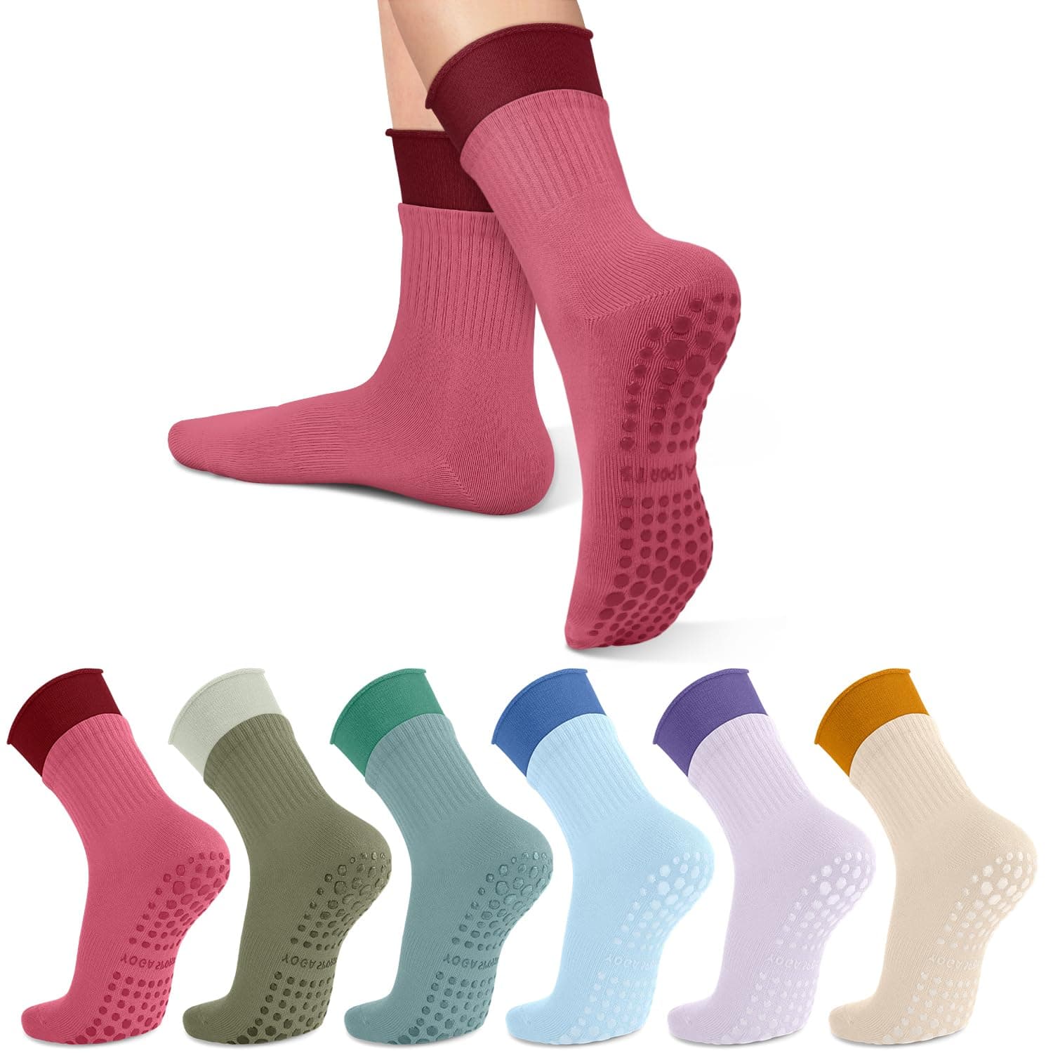 6 Pairs Pilates Socks with Grips for Women-Non-Slip Yoga Socks for Ballet Dance Barefoot Workout Pregnant Crew Socks