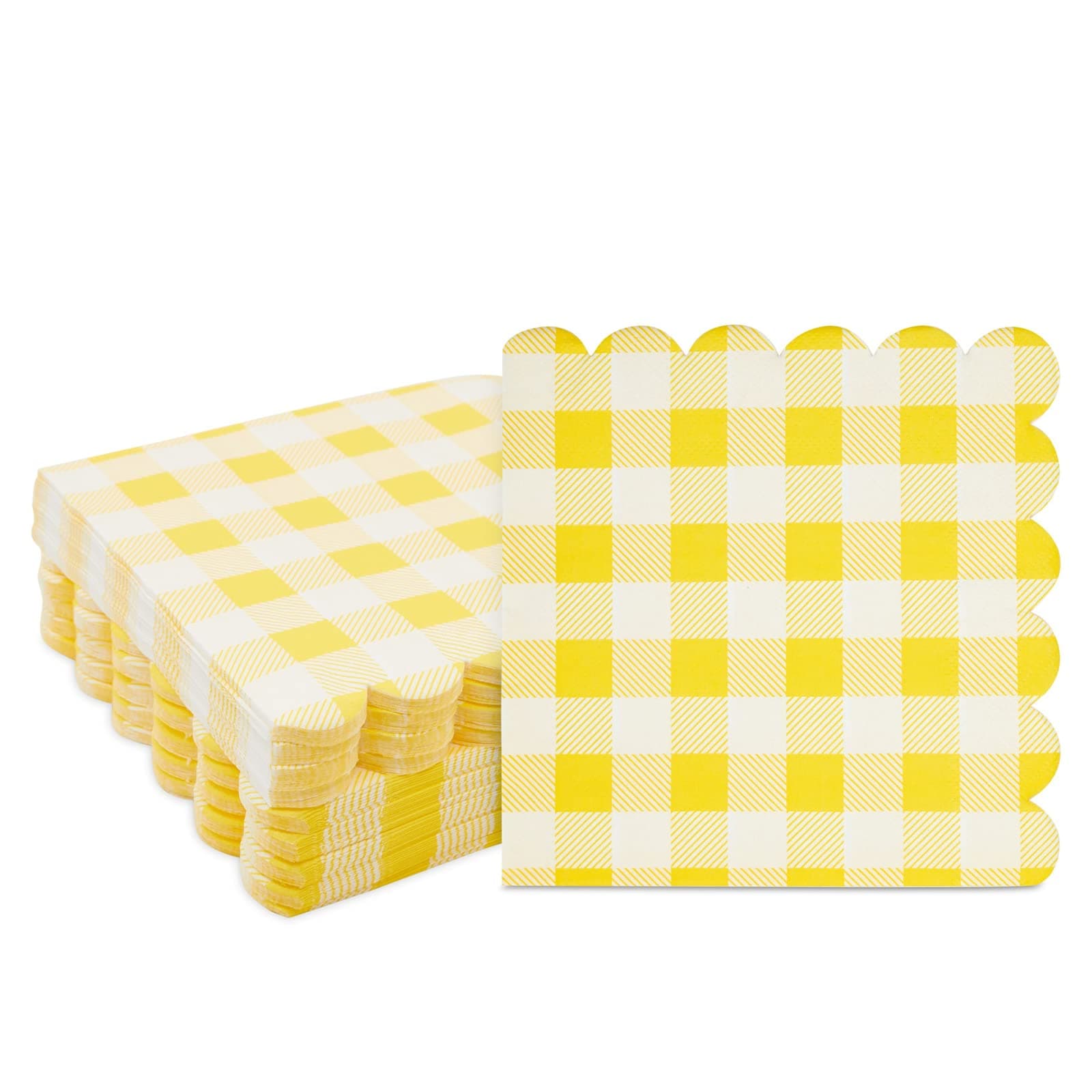 Yellow Plaid Paper Napkins for Birthday Party, Wedding - 6.5 x 6.5 Inch - 100 Pack - Yellow Disposable Checked Napkins