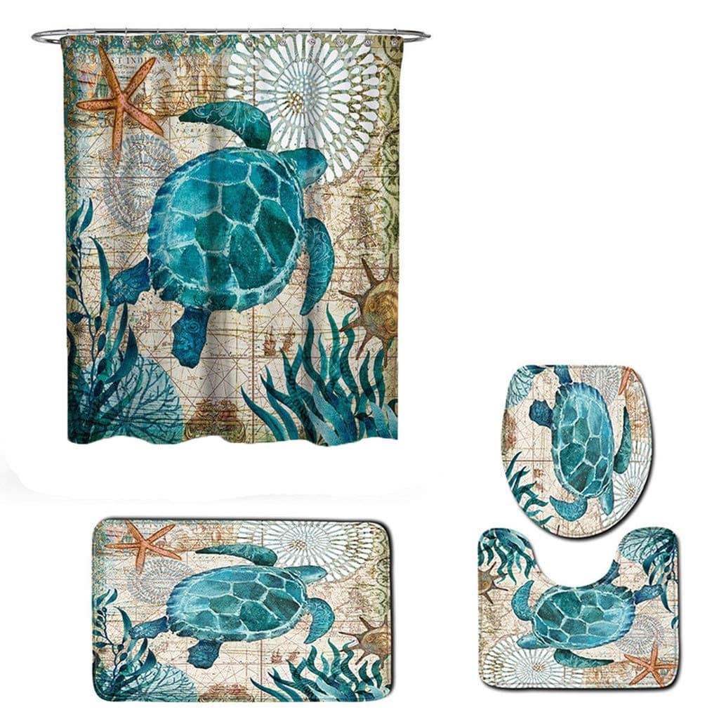 Fiaya 3Pcs /4PCS Stone Pattern Ocean Tortoise Bathroom Set Rug Contour Mat+Toilet Lid Cover +Plan Solid Color Bath Mats +Shower Curtain (4PCS, Green Tortoise AA)