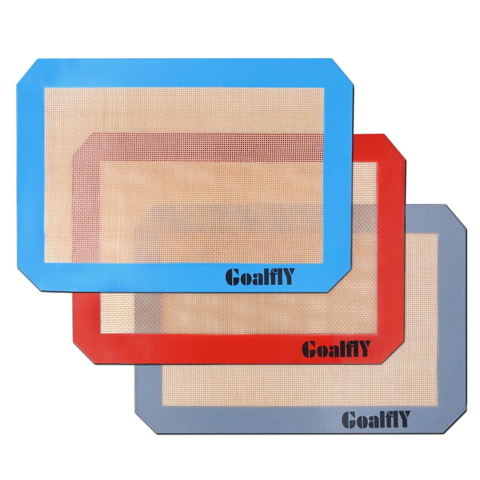 Small Silicone Baking Mat Sheet (11.8 x 7.8 IN), 3 Pieces Non-stick Baking Mat Set, Reusable Silicone Mat for Oven, Toaster, Baking Tray, Baking Pan (Red, Blue, Grey)