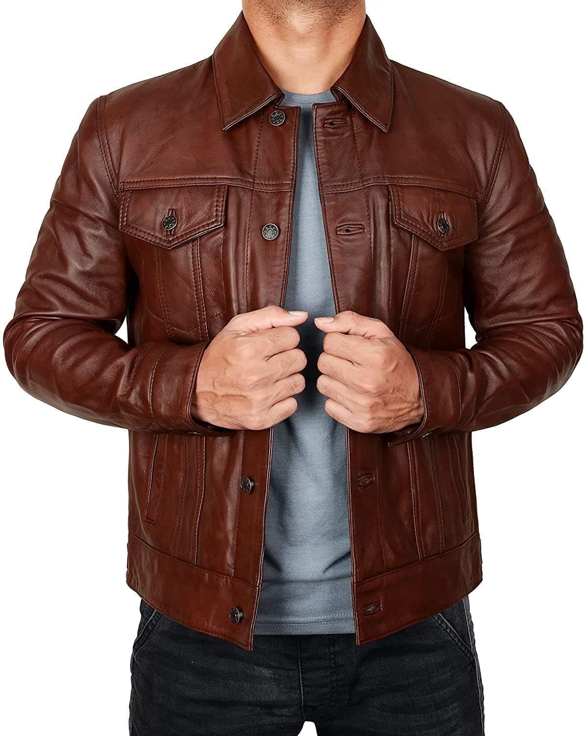 Leather Trucker Jacket Men - Real Lambskin Shirt Style Vintage Fashion Mens Leather Jacket