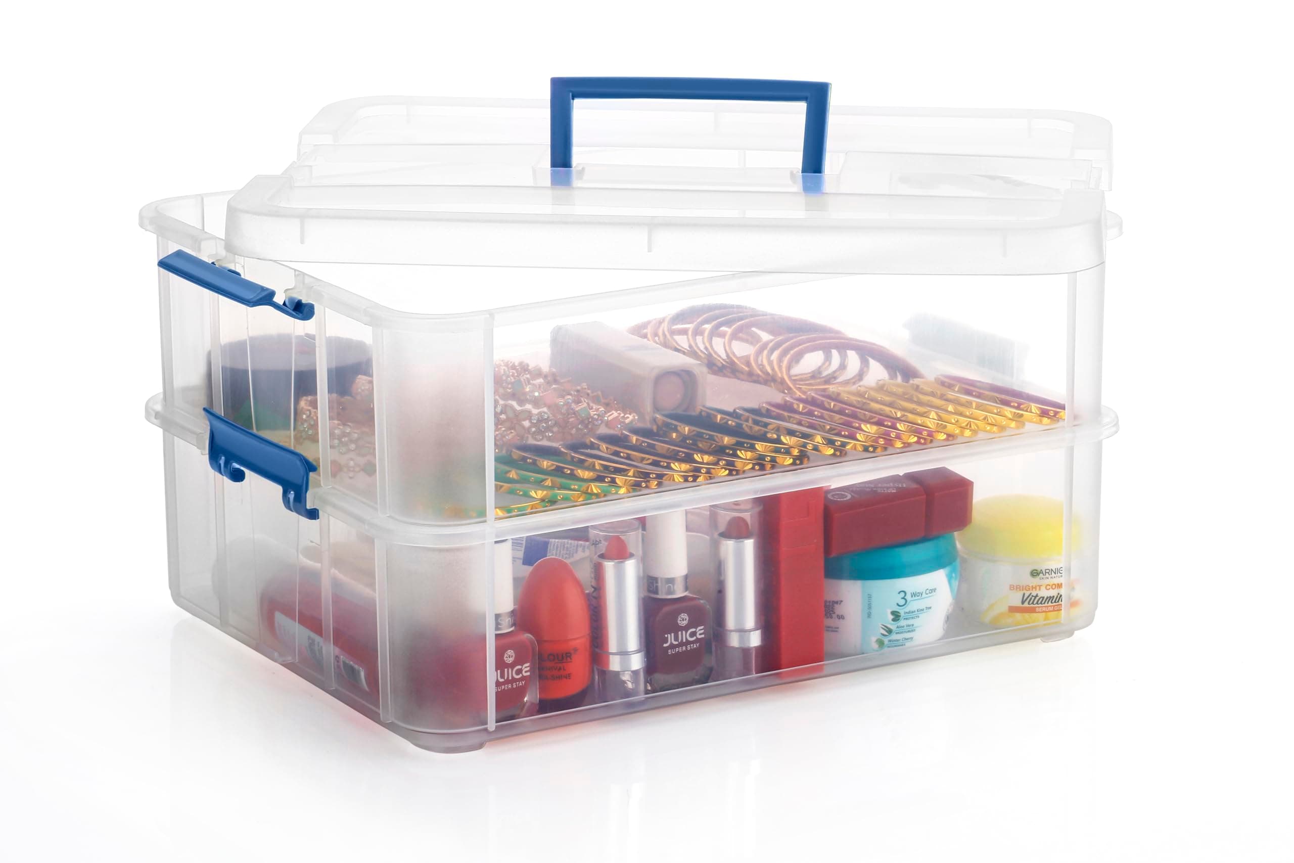 PALAK Plastic Storage Box - 2 Tier Transparent Rectangular Multi Utility Detachable, Space Saving Organiser With Lid For Medicine, Jewelry, Arts & Crafts, Buttons, Beads (2 Tier, Blue)