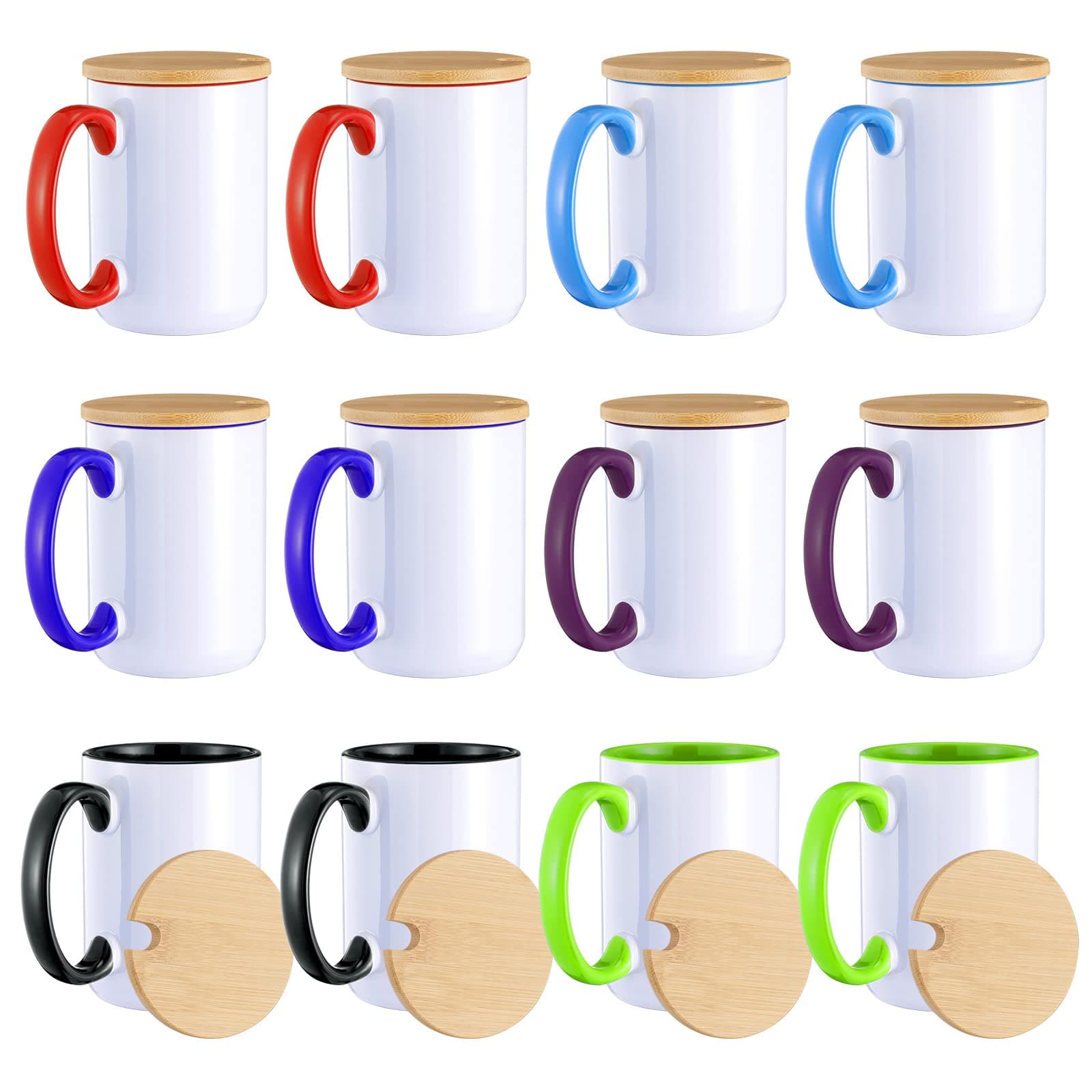 RAINBOWTIE Sublimation Mugs Set of 12, 15 oz Sublimation Coffee Mugs with Bamboo Lid, Tazas Para Sublimar, Mug Sets, Coffee Cup with Lid,6 Assorted Colors