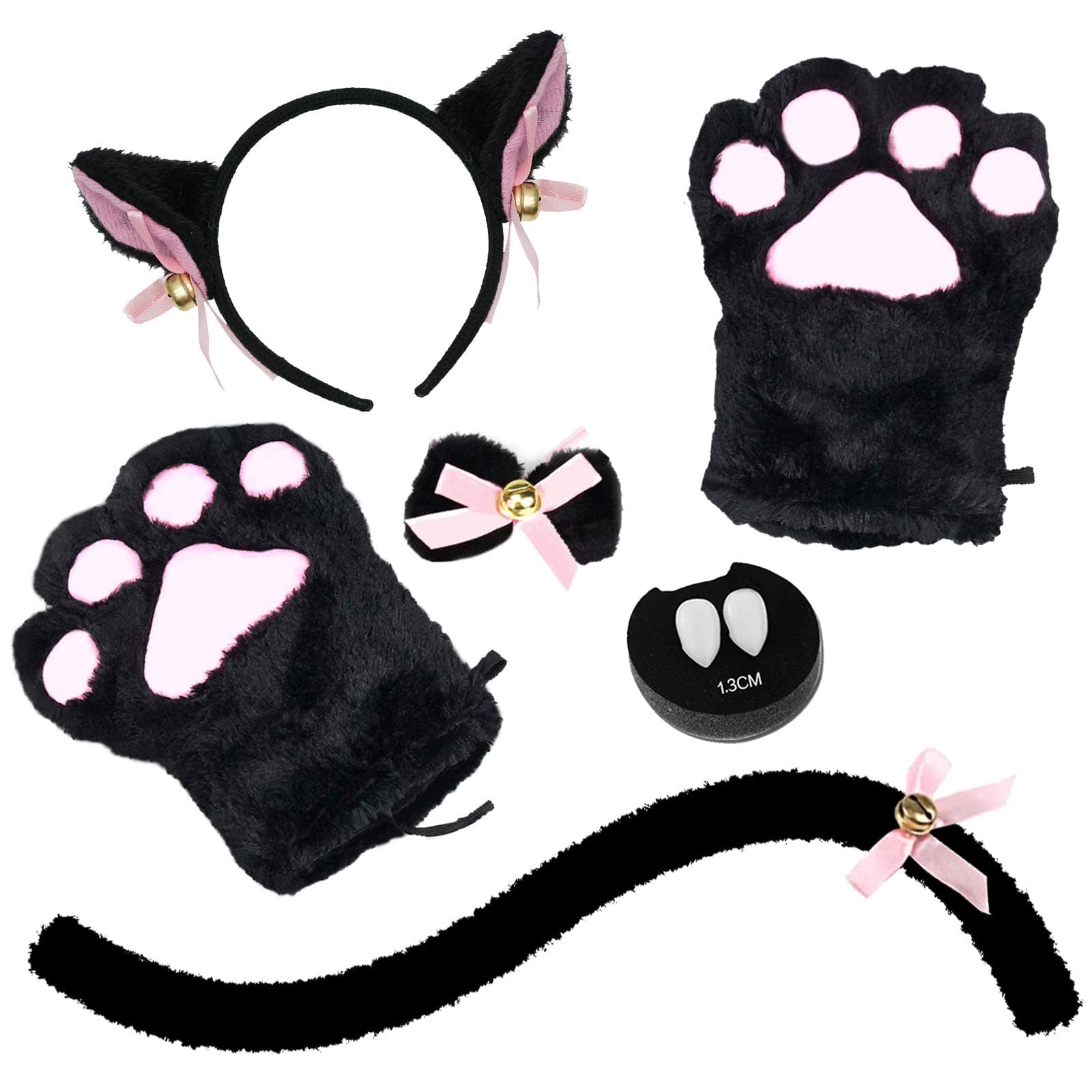 Abida Cat Cosplay Costume - 5 Pcs Cat Ear and Tail Set with Collar Paws Gloves and Vampire Teeth Fangs