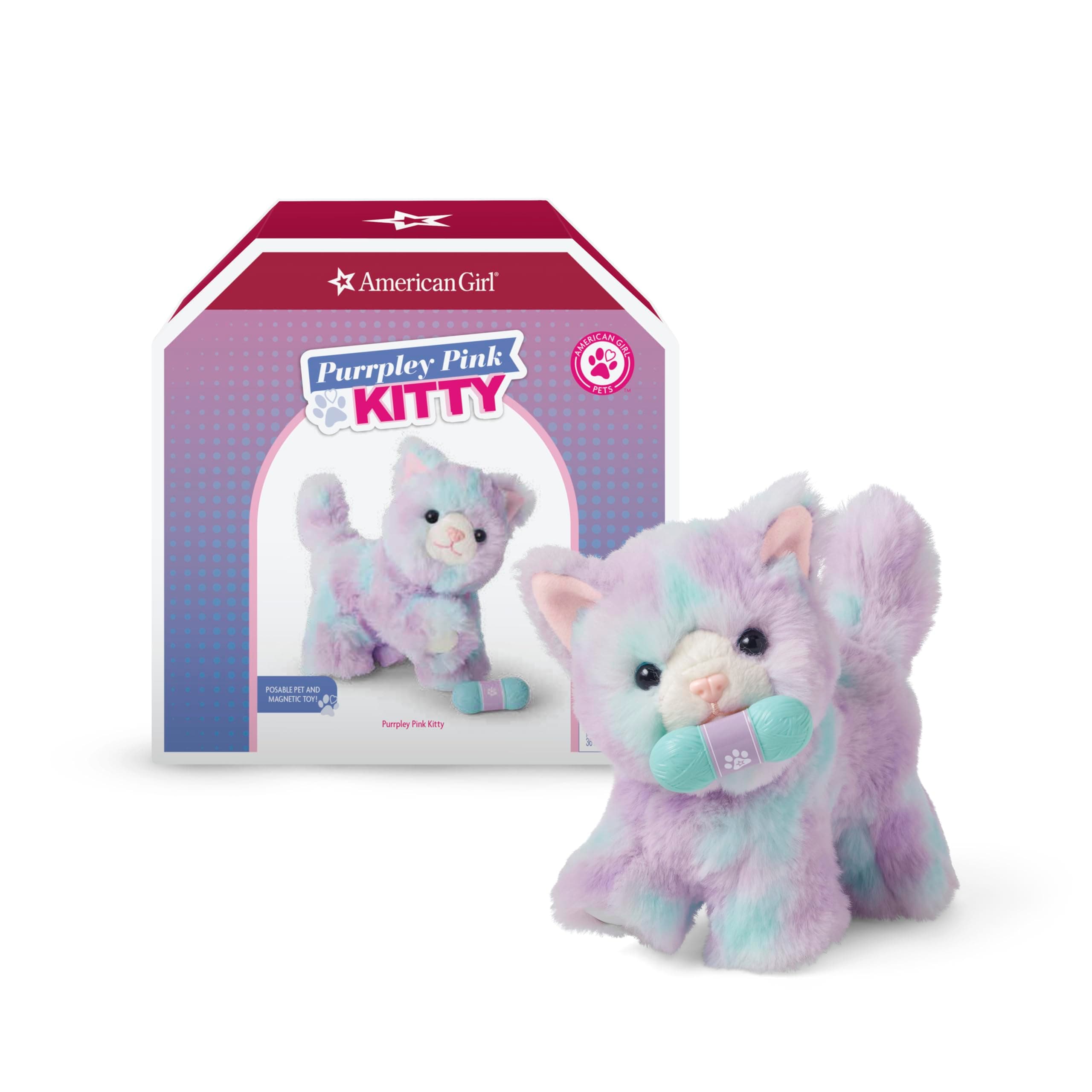 Truly Me 18-inch Doll Pet Purrpley Pink Kittycat with Magnetic Mouth to Hold Her Yarn Toy, For Ages 6+