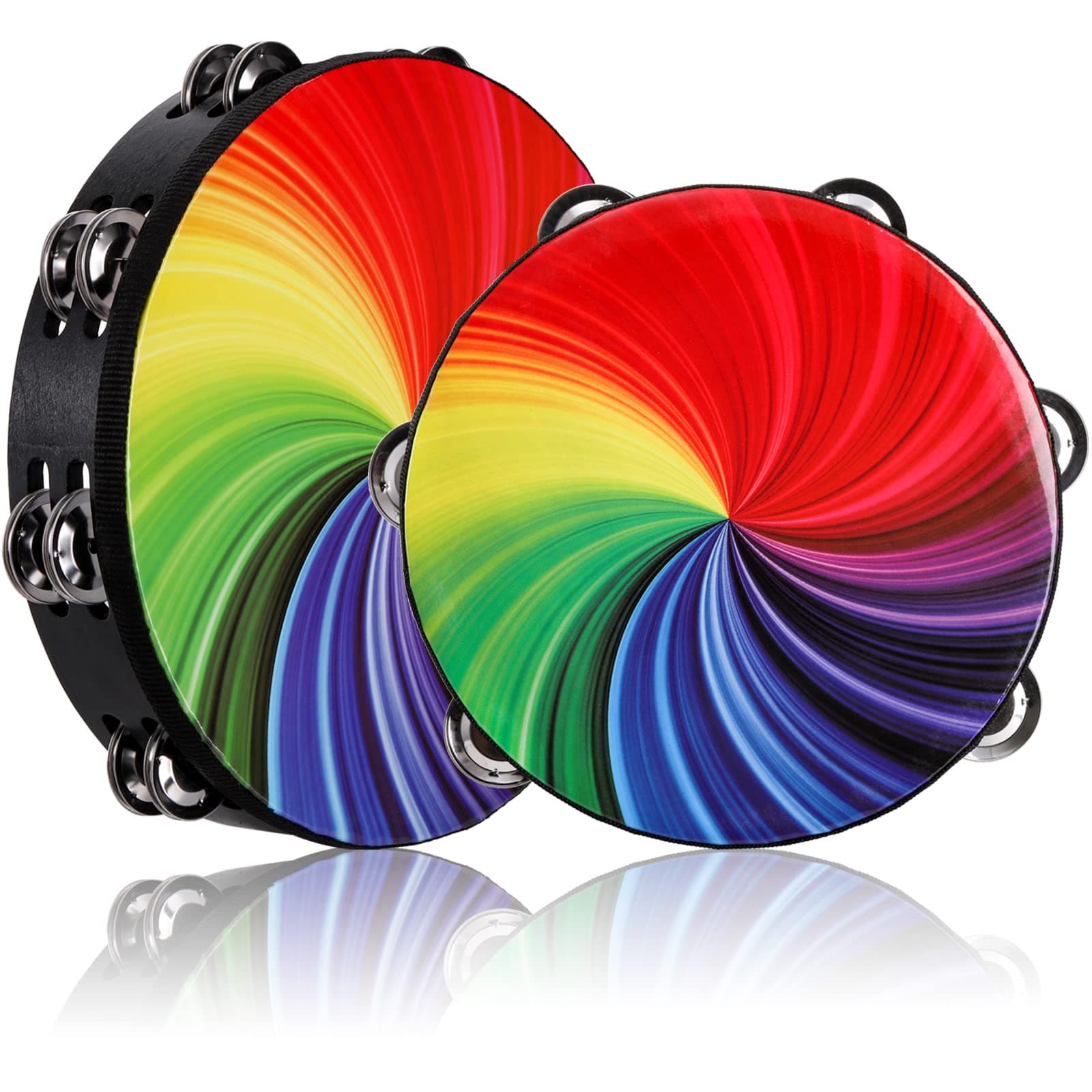 Coloch2 Pack Wood Radiant Tambourine with Double Row Jingles, Hand Held Drum Reflective Tambourine Percussion Musical Instrument for Adult, Party, KTV, Church, Music Show, 8 and 10 Inch