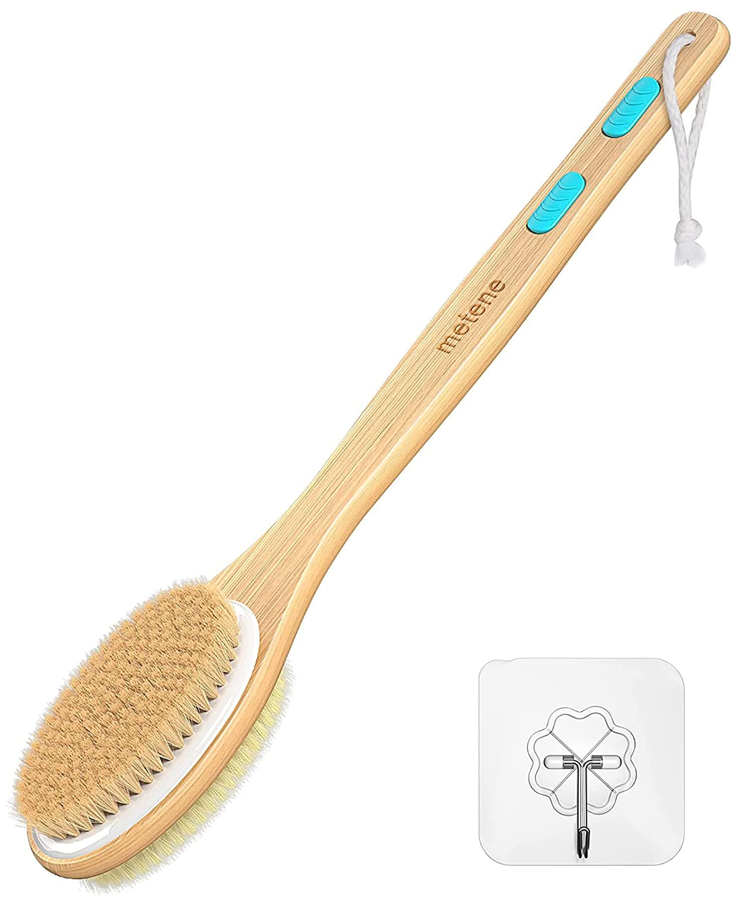 Metene Back Scrubber for Shower, Shower Brush for Exfoliating Skin and A Soft Scrub, Double-sided Body Brush Head for Wet or Dry Brushing, Long Wooden Handle Cleans the Body Easily