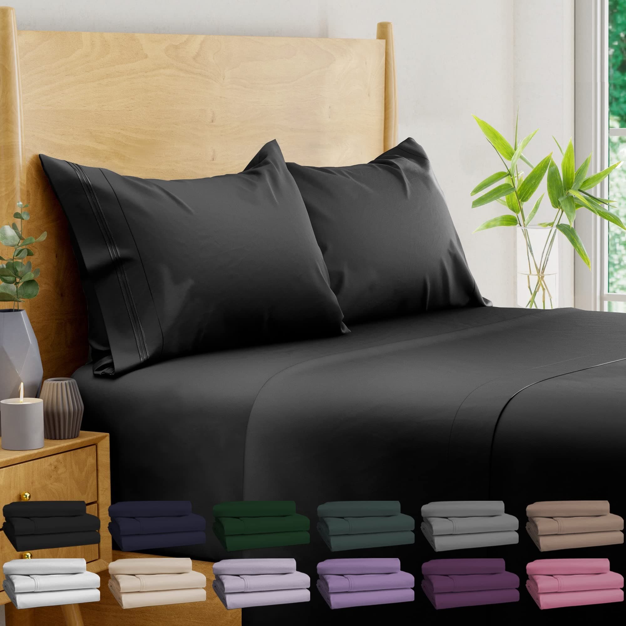 BAMPURE 100% Organic Certified Bamboo Sheets King - 4 Piece Set - Superior Soft & Cooling Sheets - Up to 16’’ Deep Pocket - Luxury Series |1 Flat Sheet, 1 Fitted Sheet, 2 Pillowcases (King Black)