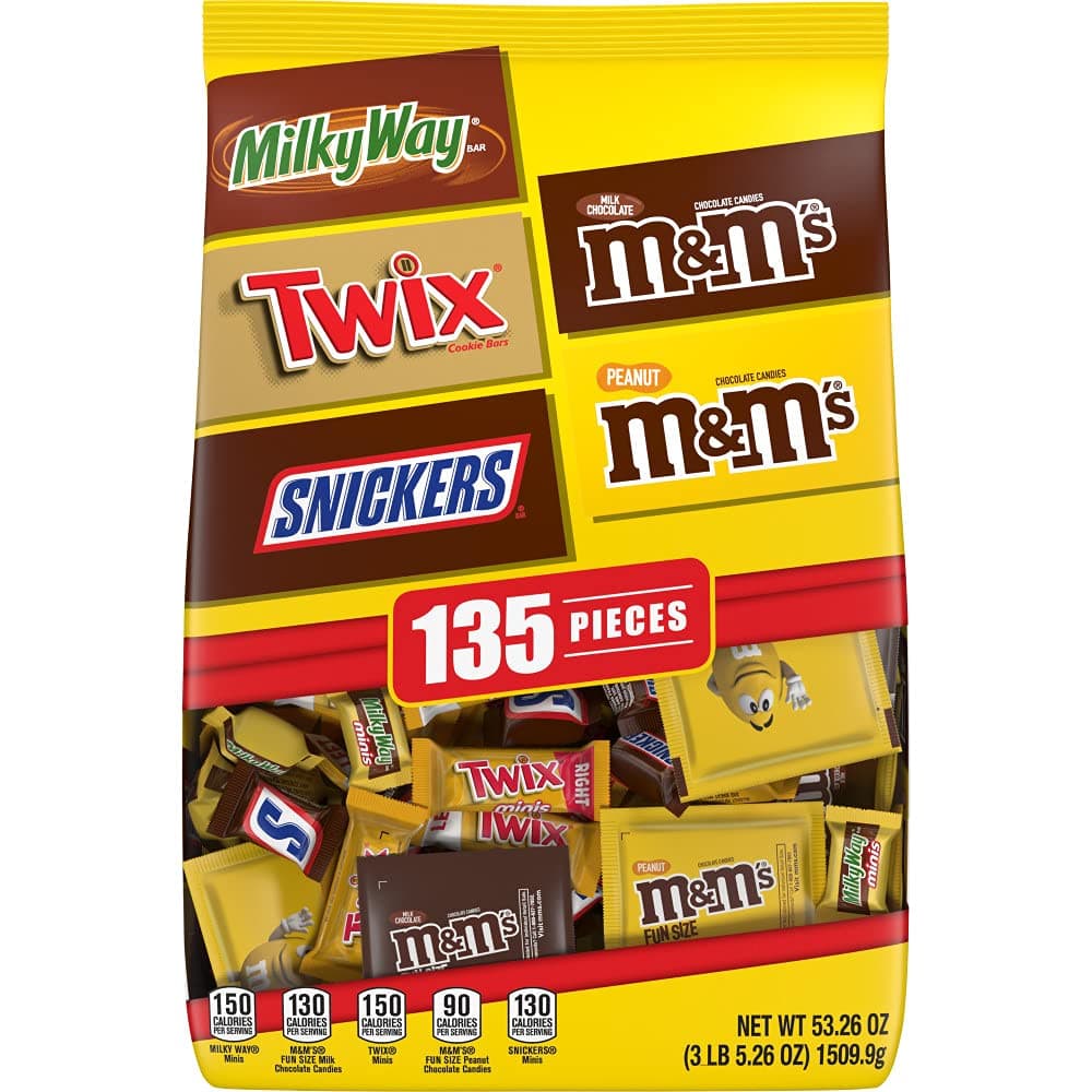 M&M'S Milk Chocolate, M&M'S Peanut, SNICKERS Chocolate Candy, TWIX Caramel Cookie Bar & MILKY WAY Caramel Milk Chocolate Bulk Halloween Candy Assortment, 53.26oz (135 Pieces)