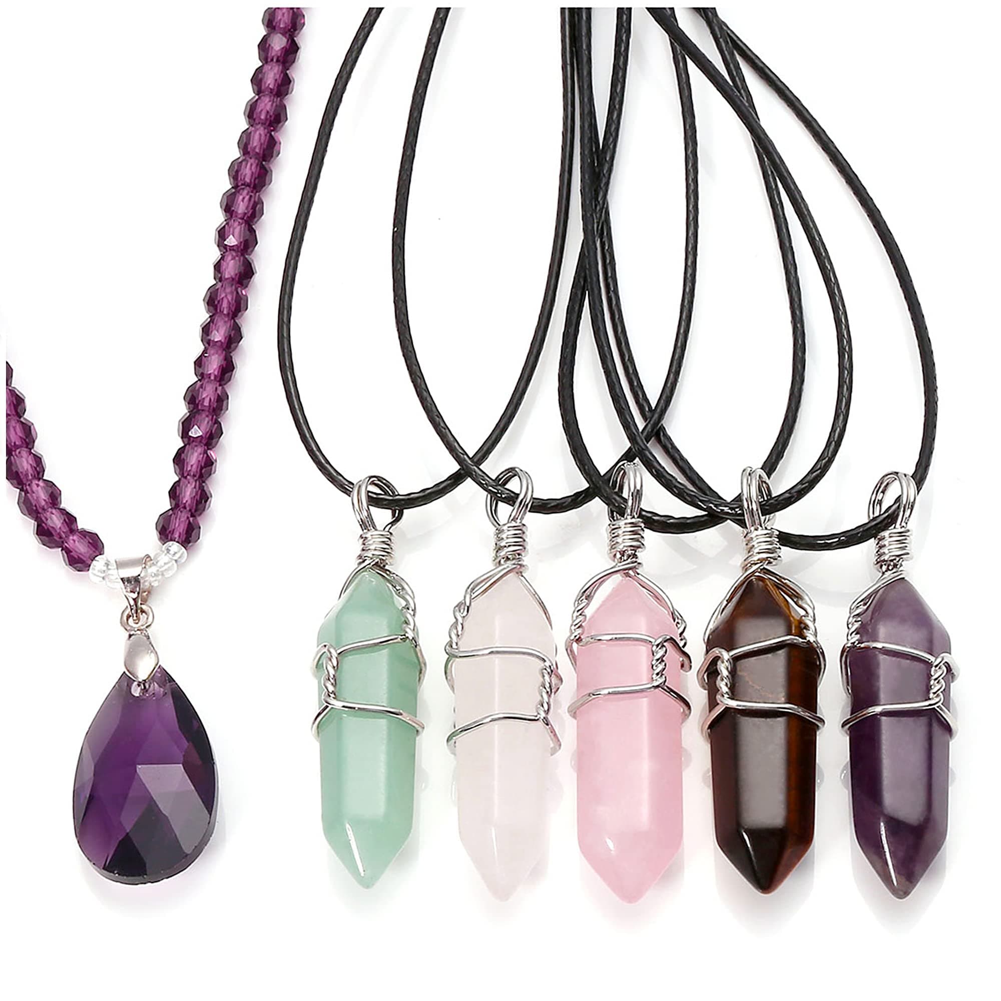 Top Plaza 5pcs Natural Amethyst+ Rose Quartz + Tiger Eye+ Green Aventurine + Rock Crystal Healing Point Chakra Pendants for Necklace Making