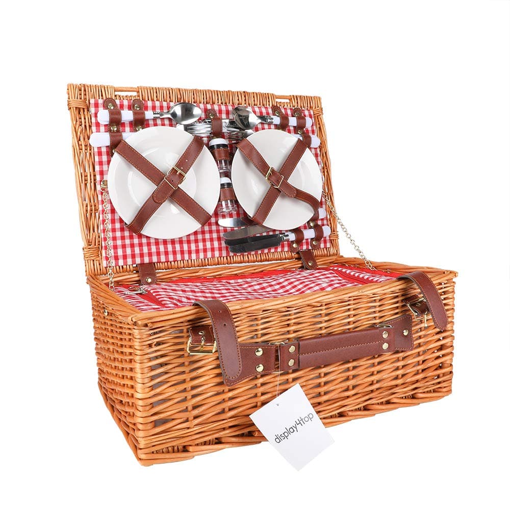 Display4top Deluxe 4 Person Traditional Wicker Picnic Basket Wicker Hamper - Premium Set with Plates, Wine Glasses, Cutlery and Napkins (Pink)