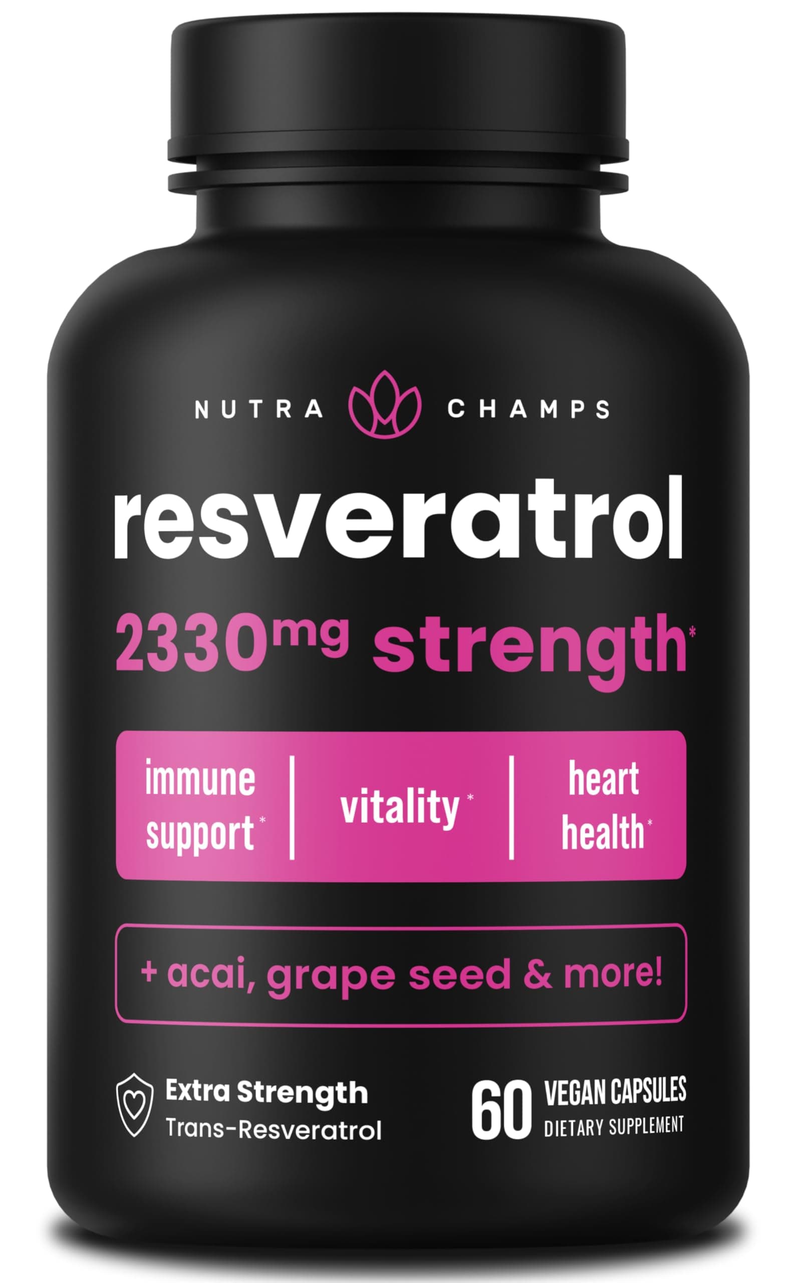 Resveratrol Supplement, Extra Strength Formula for Healthy Aging, Immune Support, 60 Vegan Capsules with Trans-Resveratrol, Green Tea Leaf, Acai Berry & Grape Seed Extract