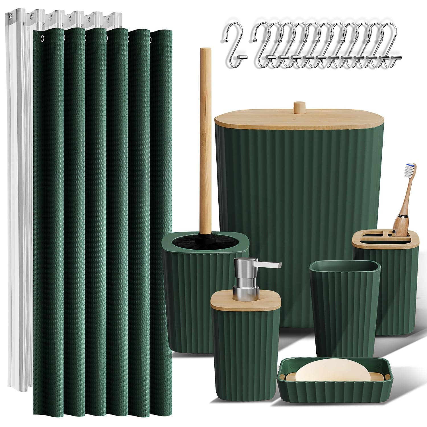 Clara Clark Bathroom Accessories Set - Bathroom Accessory Set with Shower Curtain Set, Toilet Brush, Trash Can & Soap Dispenser (Hunter Green, Complete Set)