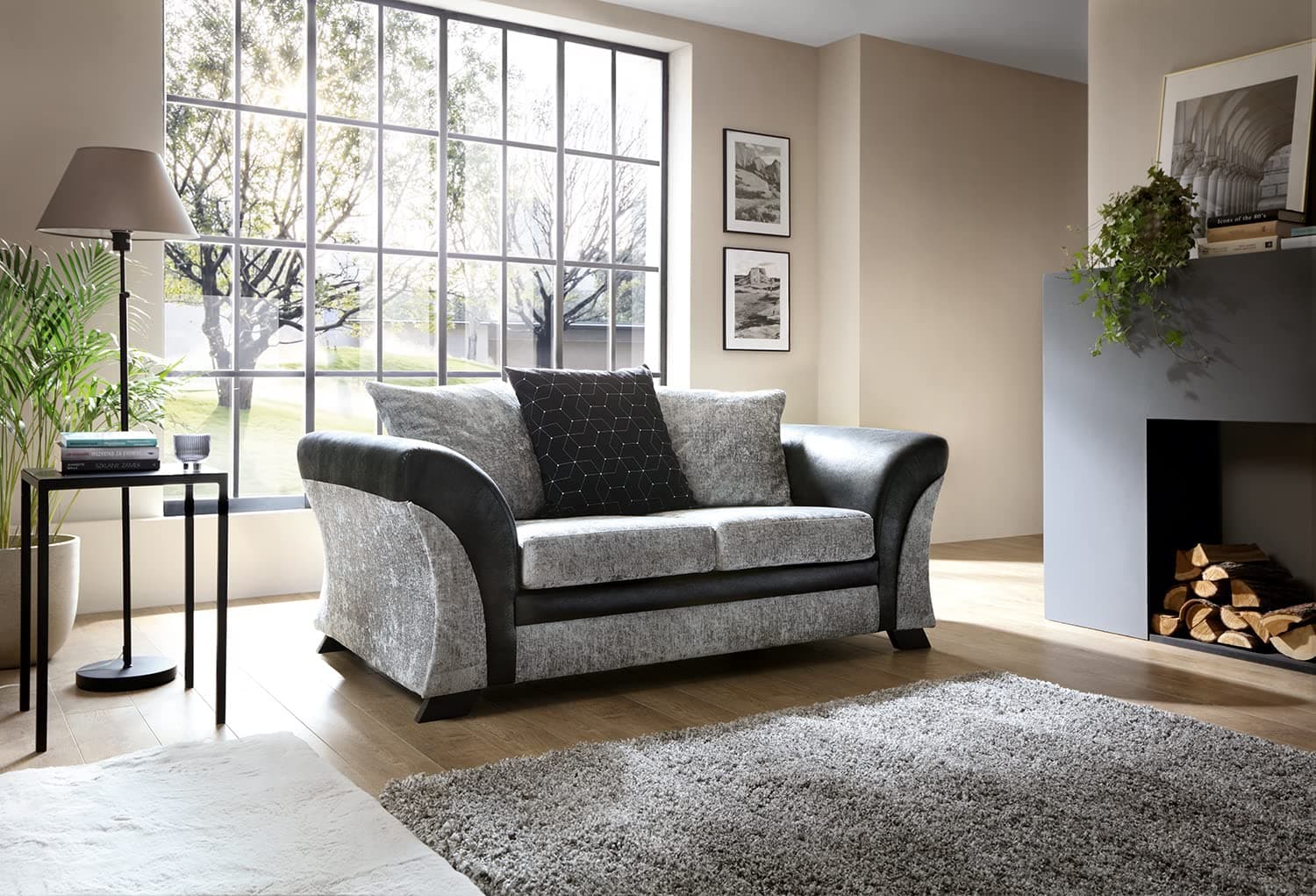 FARROW Chenille Fabric Corner Sofa, 2+3 Seater, Swivel Chair in Black & Grey (2 Seater)