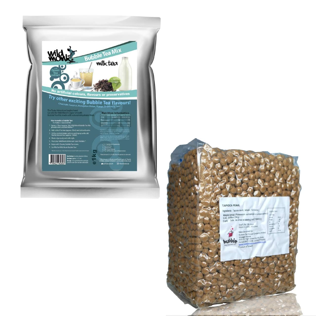 Wild MonkPremium Bubble Tea Kit - Milk Tea Bubble Tea Powder (1kg/33 Servings) and 3kg Black Tapioca Pearls Gluten Free Brown Sugar Flavor. Perfect for Bubble Tea Halal Certified