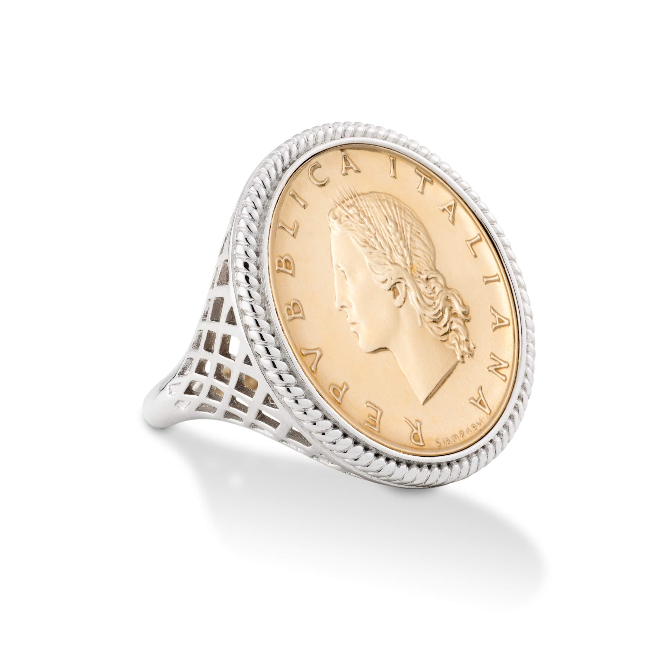 925 Sterling Silver Genuine Italian 20-Lira Coin Rope Ring for Women